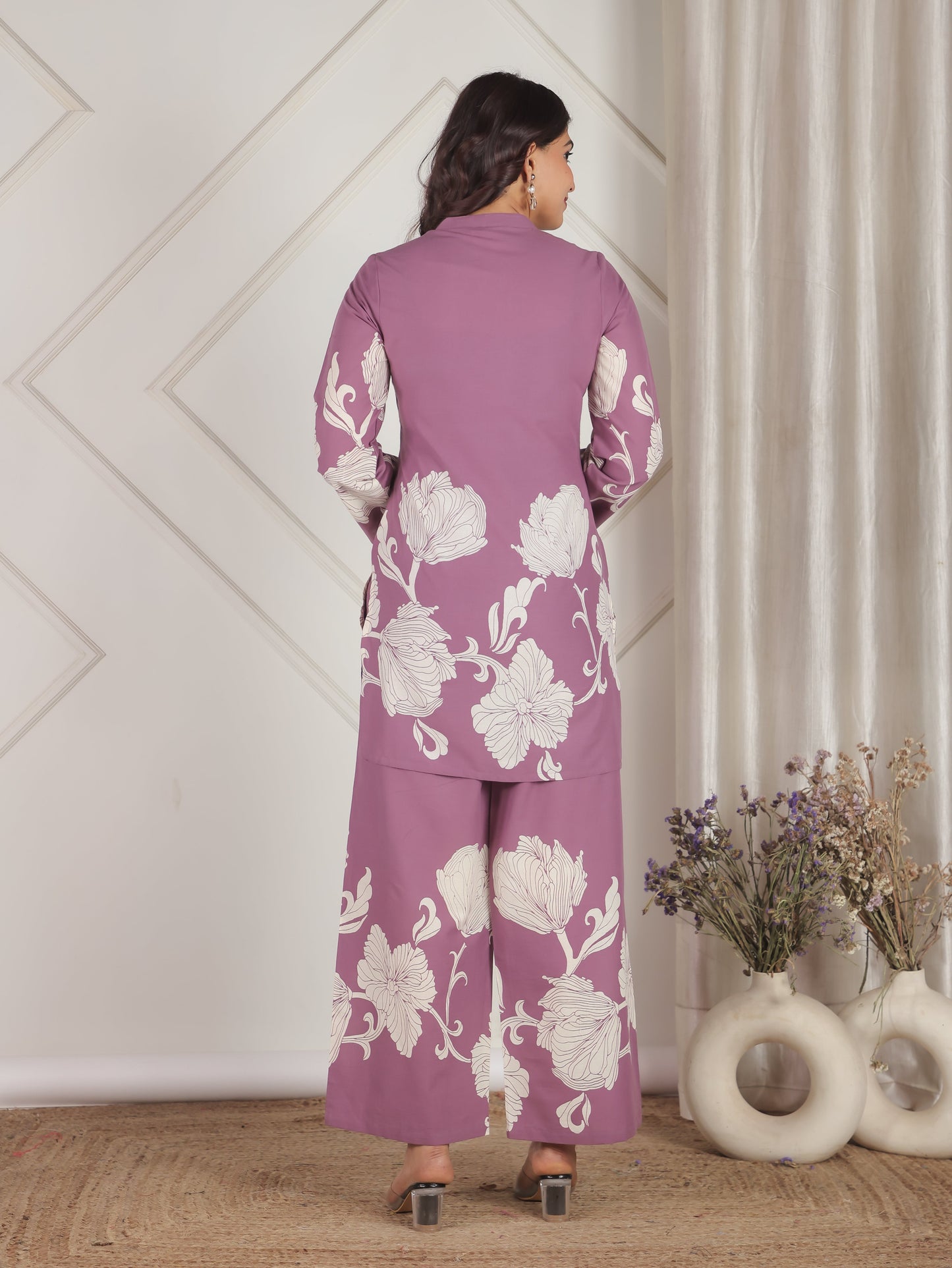 Soft Cotton Placement Print Straight Purple Coord