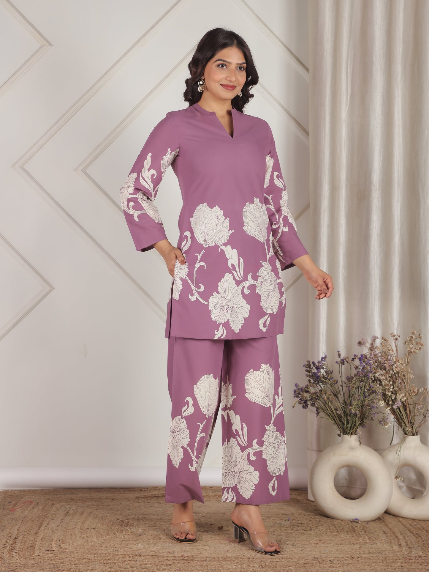 Soft Cotton Placement Print Straight Purple Coord