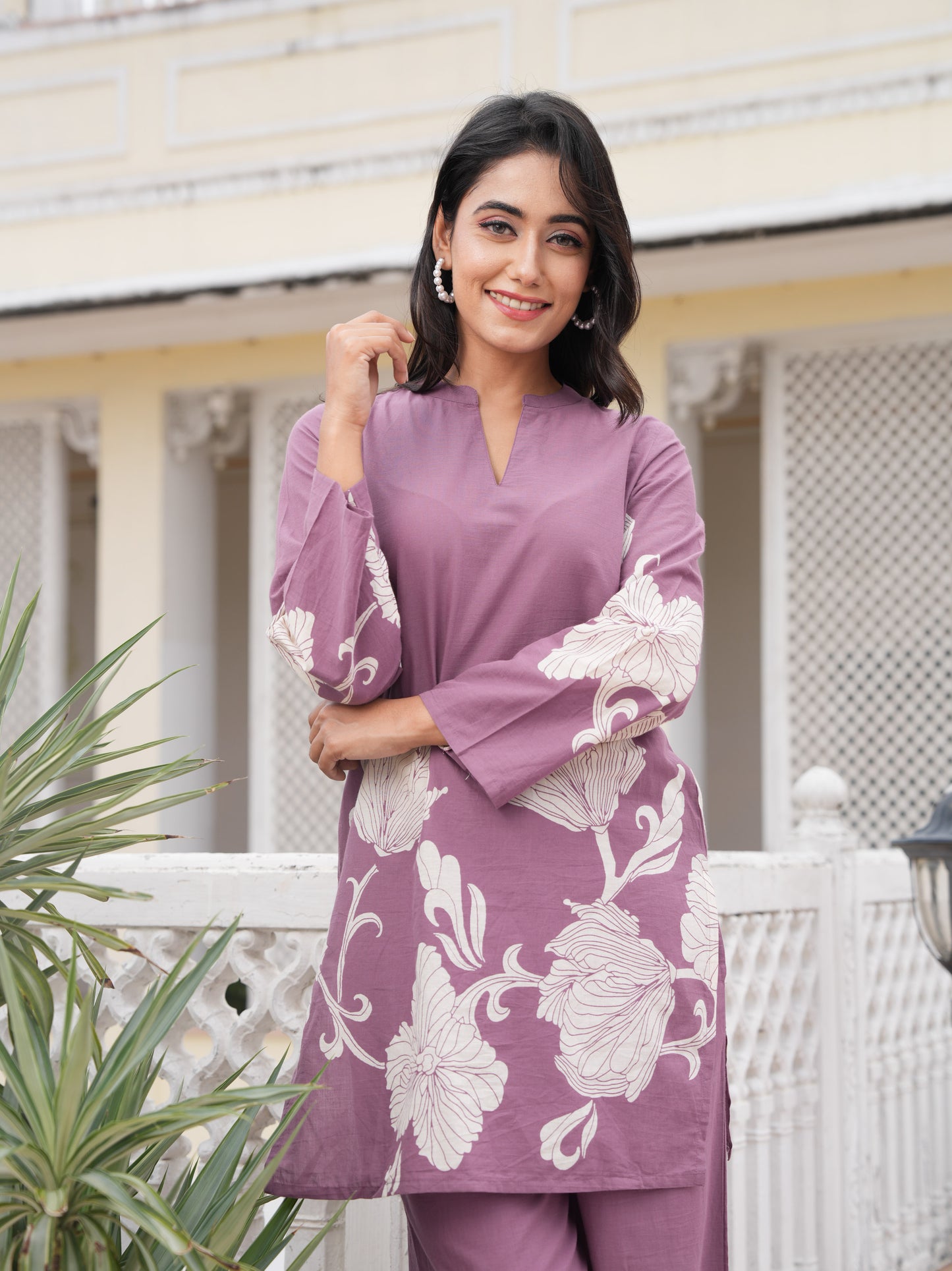Soft Cotton Placement Print Straight Purple Coord