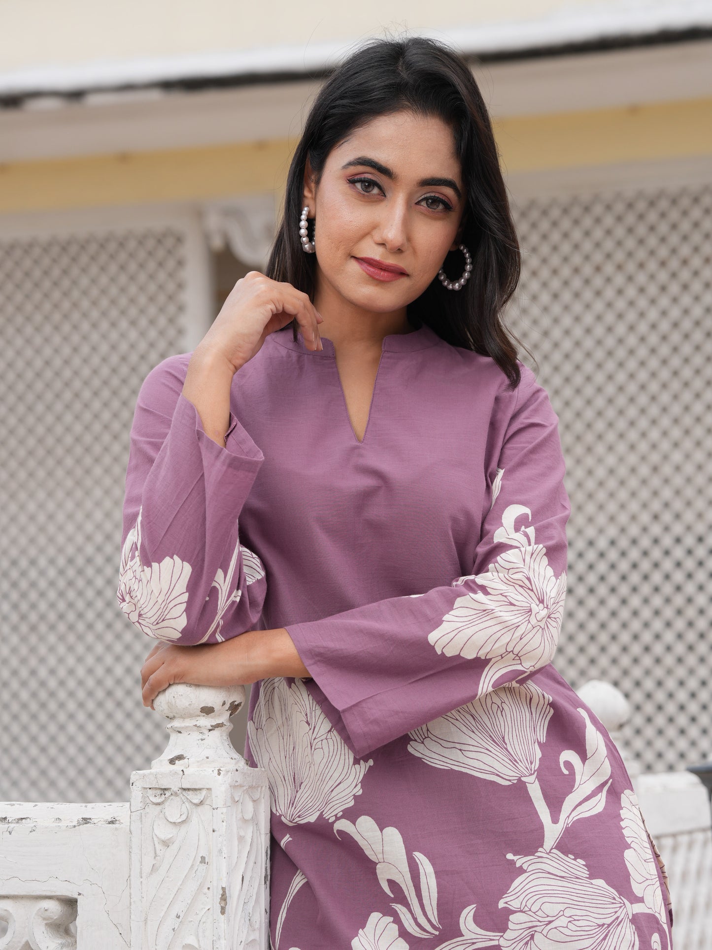 Soft Cotton Placement Print Straight Purple Coord