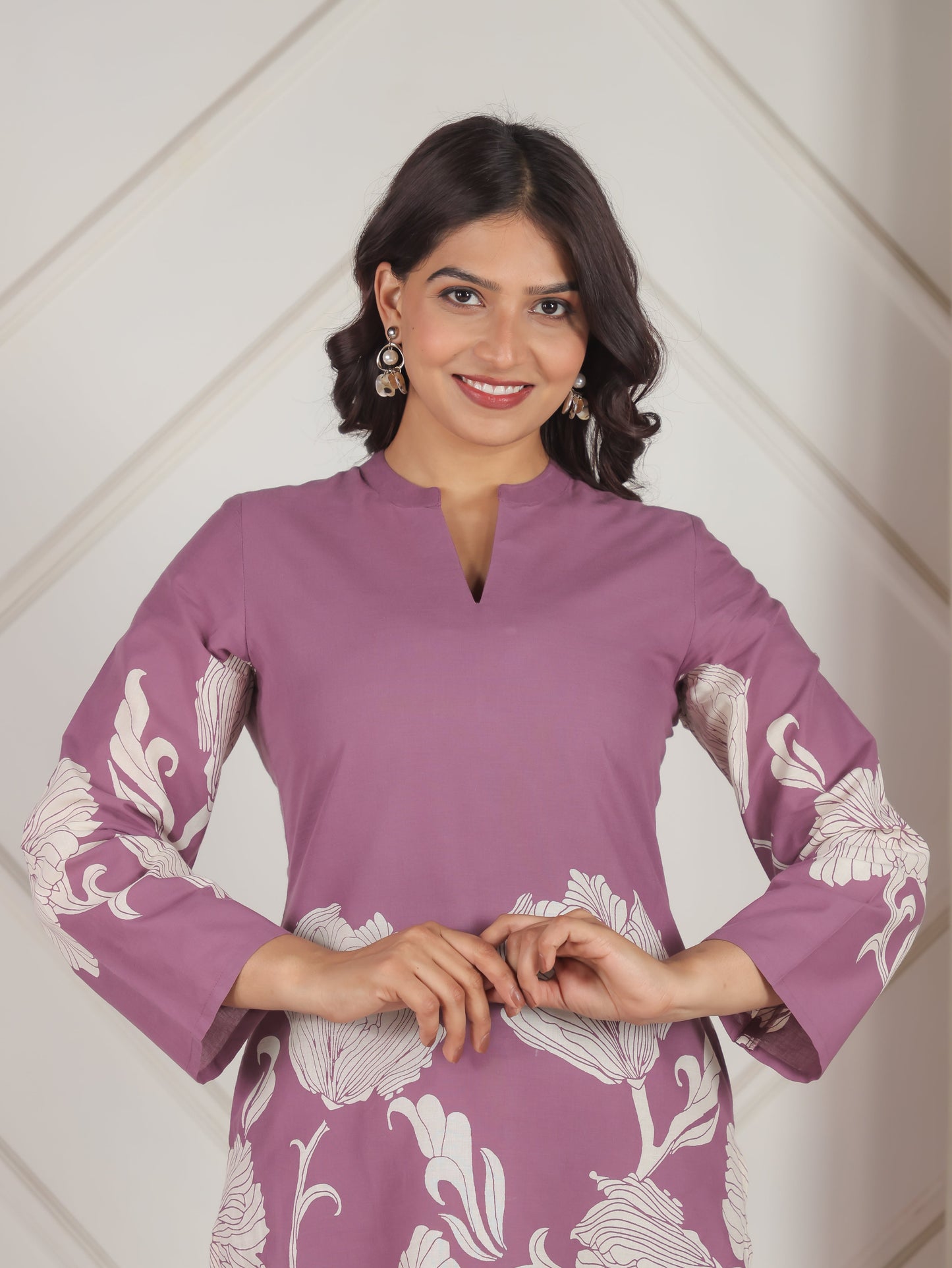 Soft Cotton Placement Print Straight Purple Coord