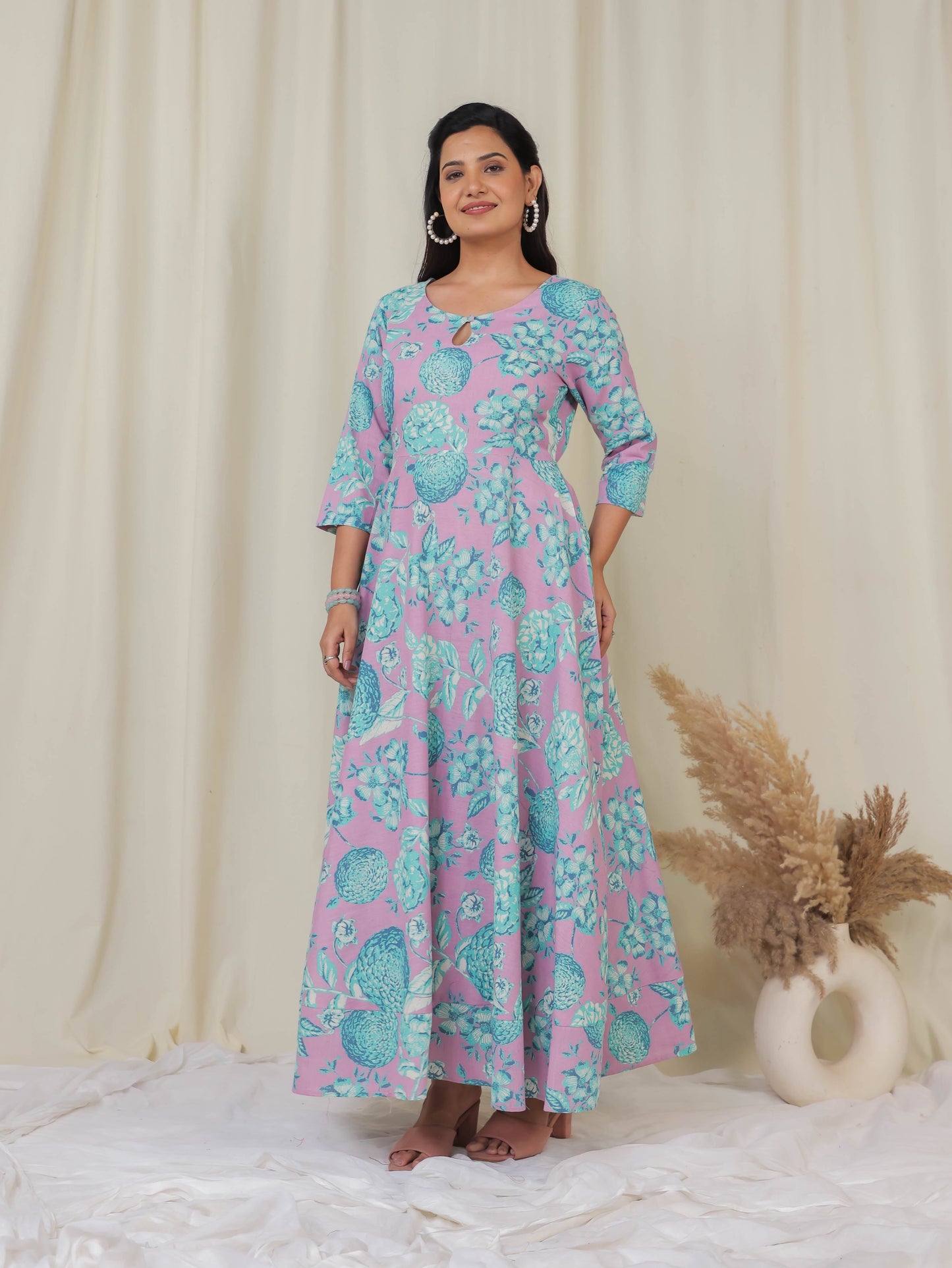 Linen Cotton Floral Anarkali Purple Dress