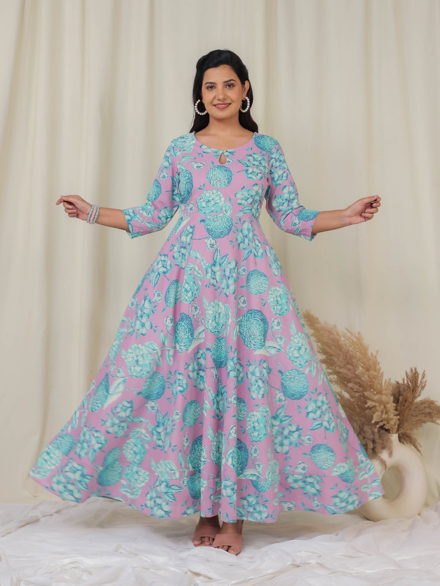 Linen Cotton Floral Anarkali Purple Dress