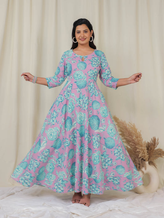 Linen Cotton Floral Anarkali Purple Dress