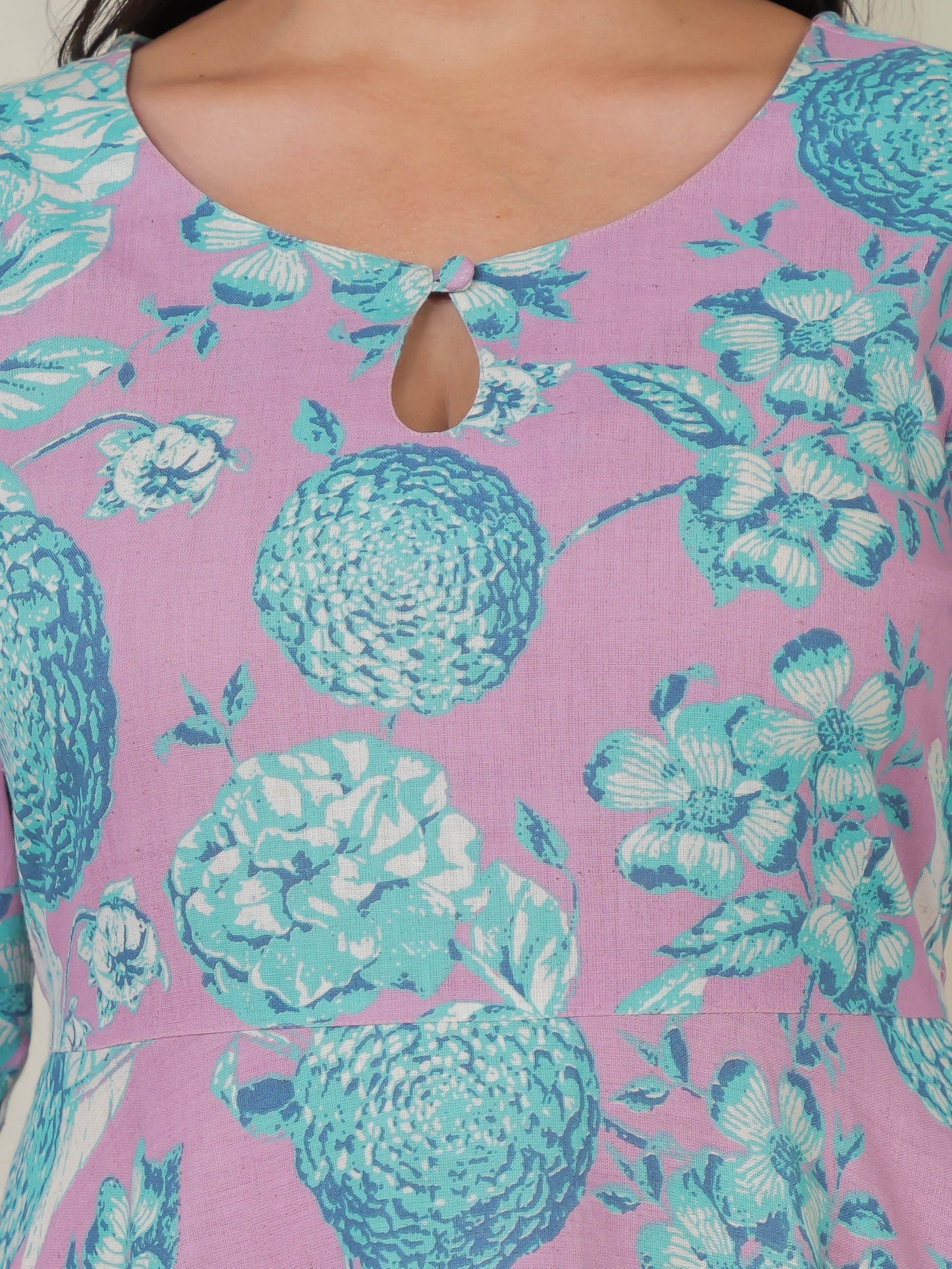 Linen Cotton Floral Anarkali Purple Dress