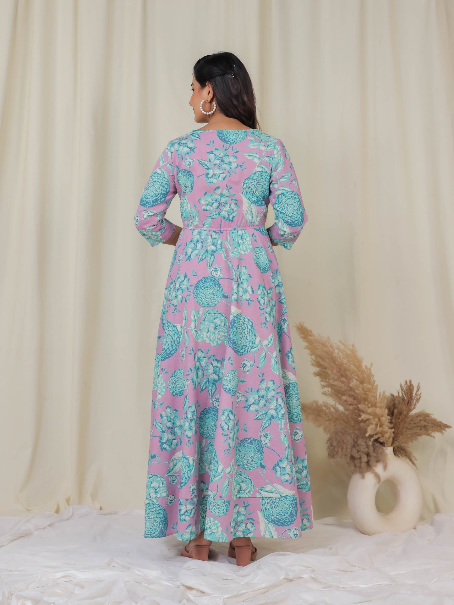 Linen Cotton Floral Anarkali Purple Dress