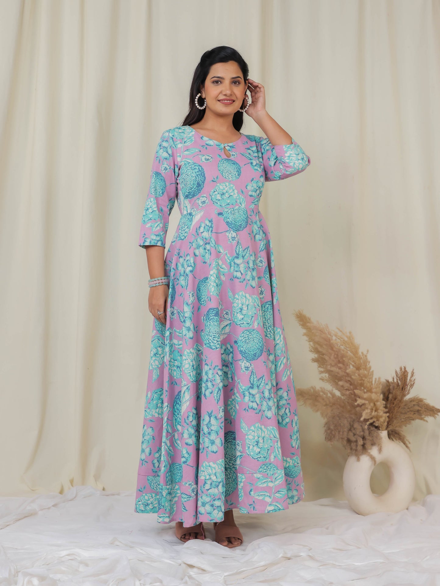 Linen Cotton Floral Anarkali Purple Dress