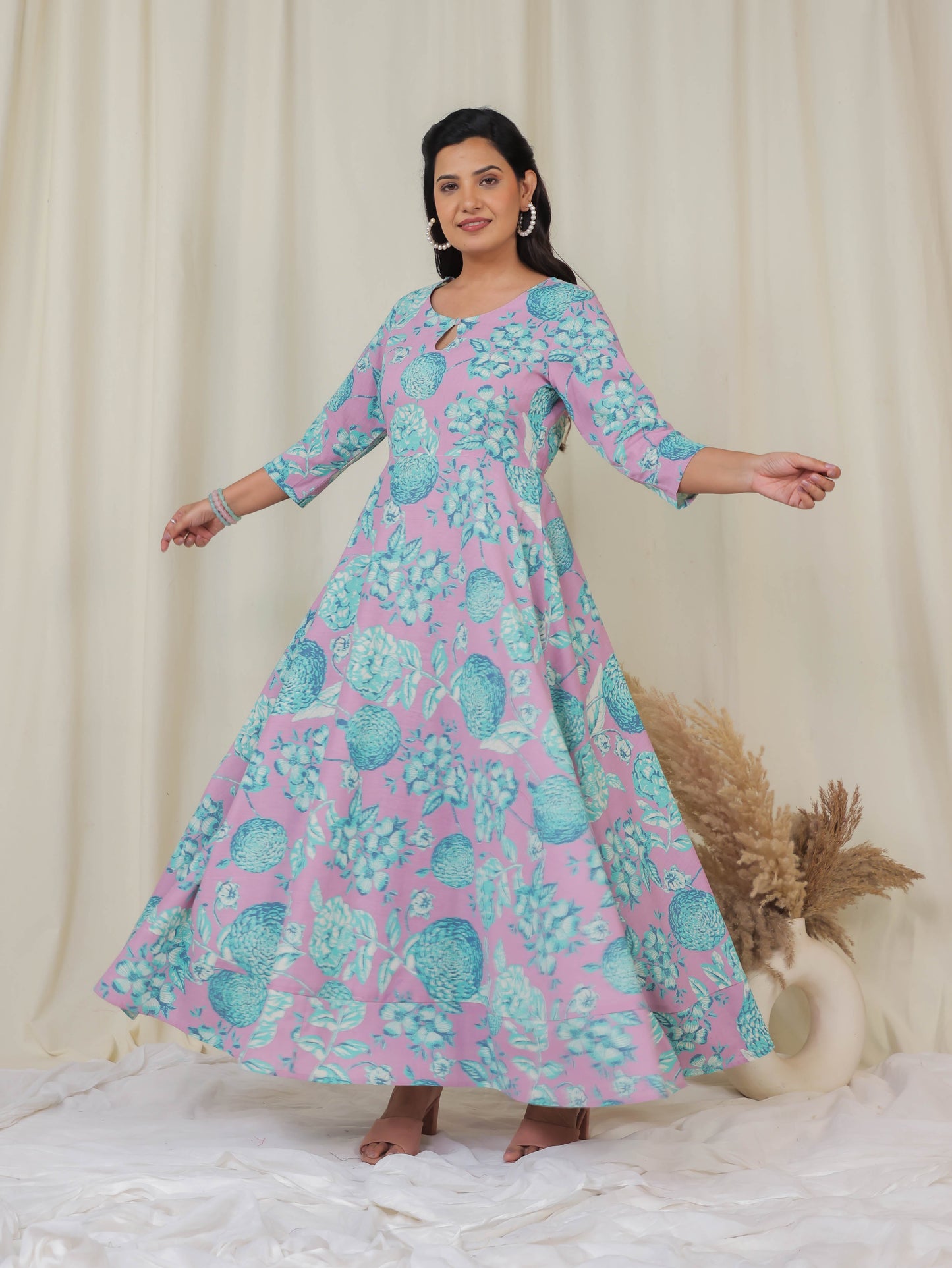 Linen Cotton Floral Anarkali Purple Dress