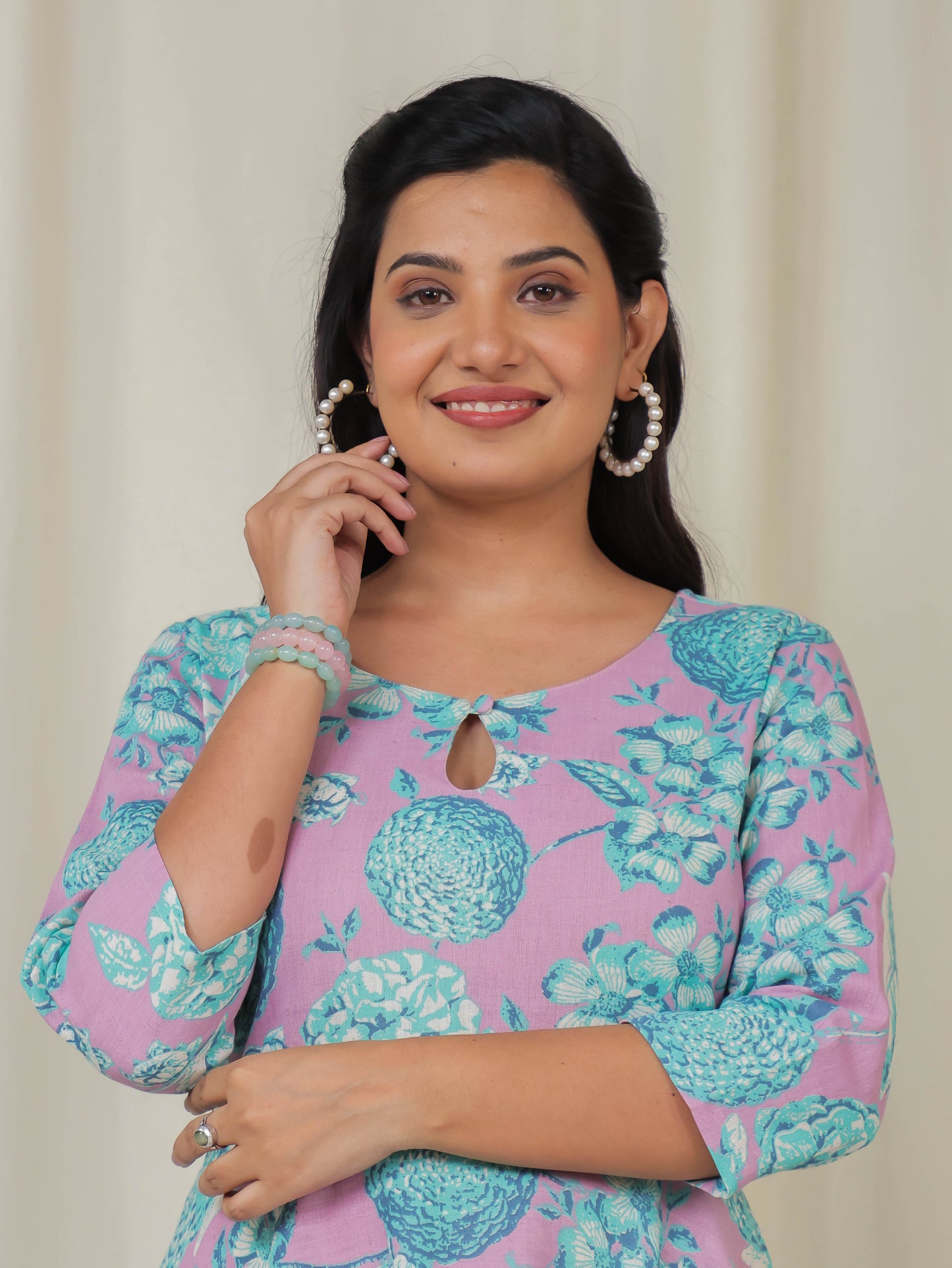 Linen Cotton Floral Anarkali Purple Dress