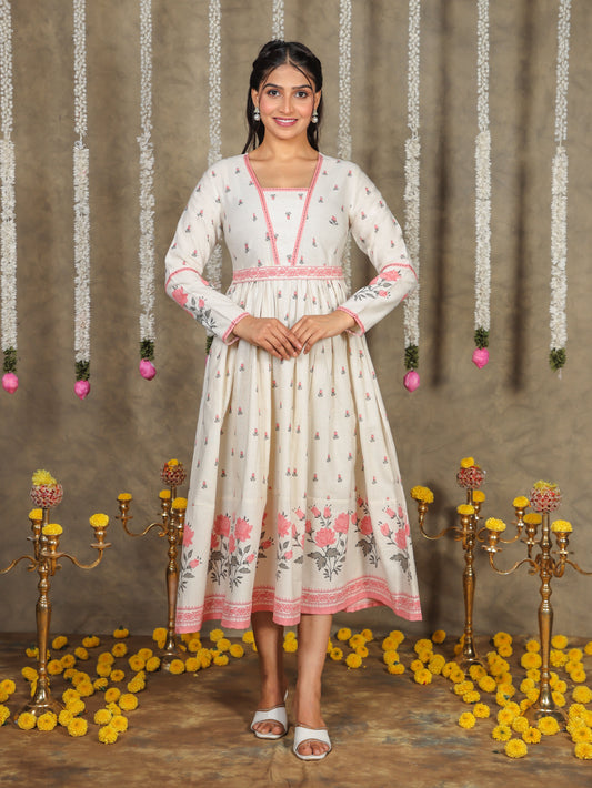 Embroidered Linen Cotton Floral Anarkali Off White Dress