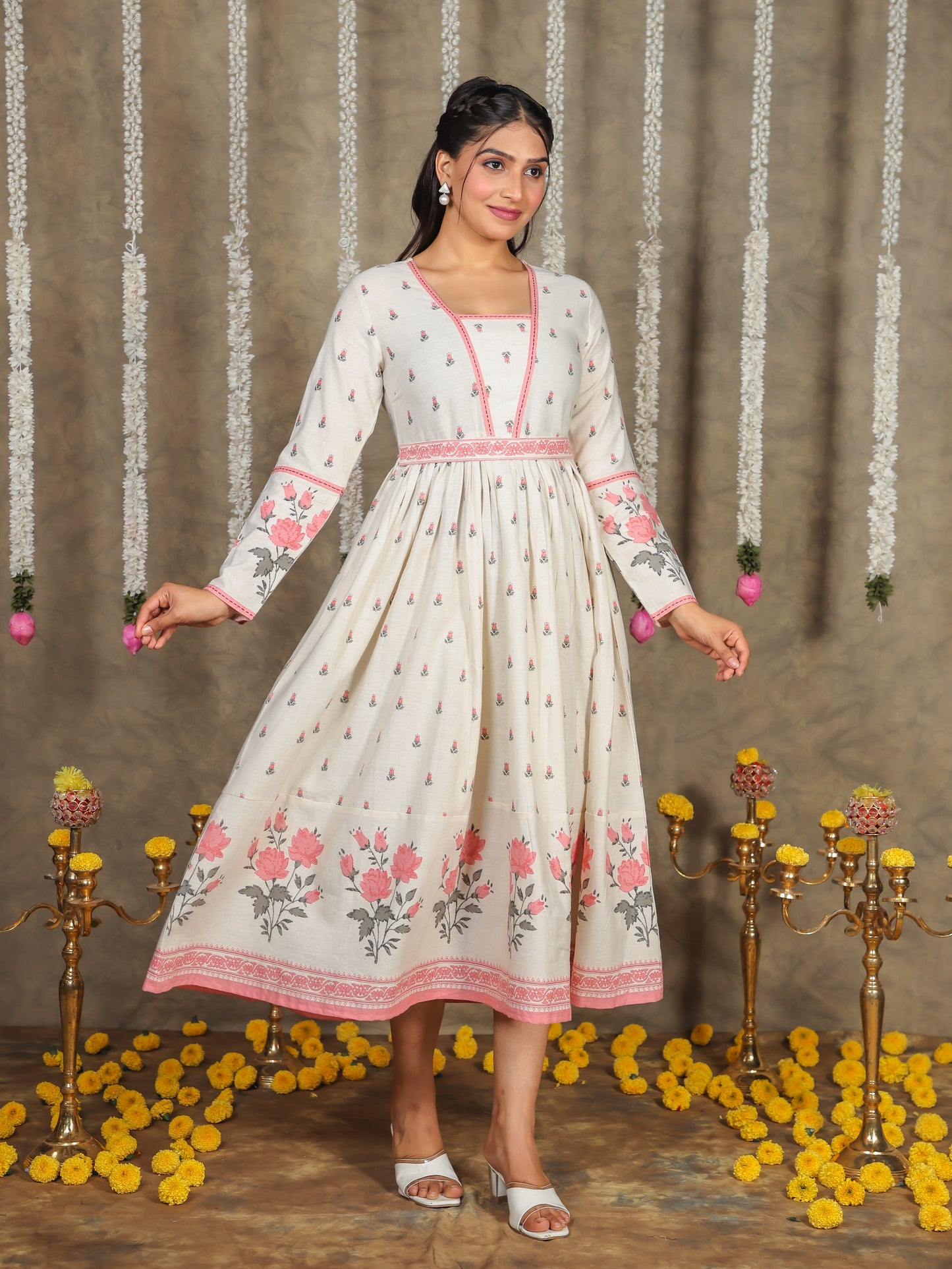 Embroidered Linen Cotton Floral Anarkali Off White Dress
