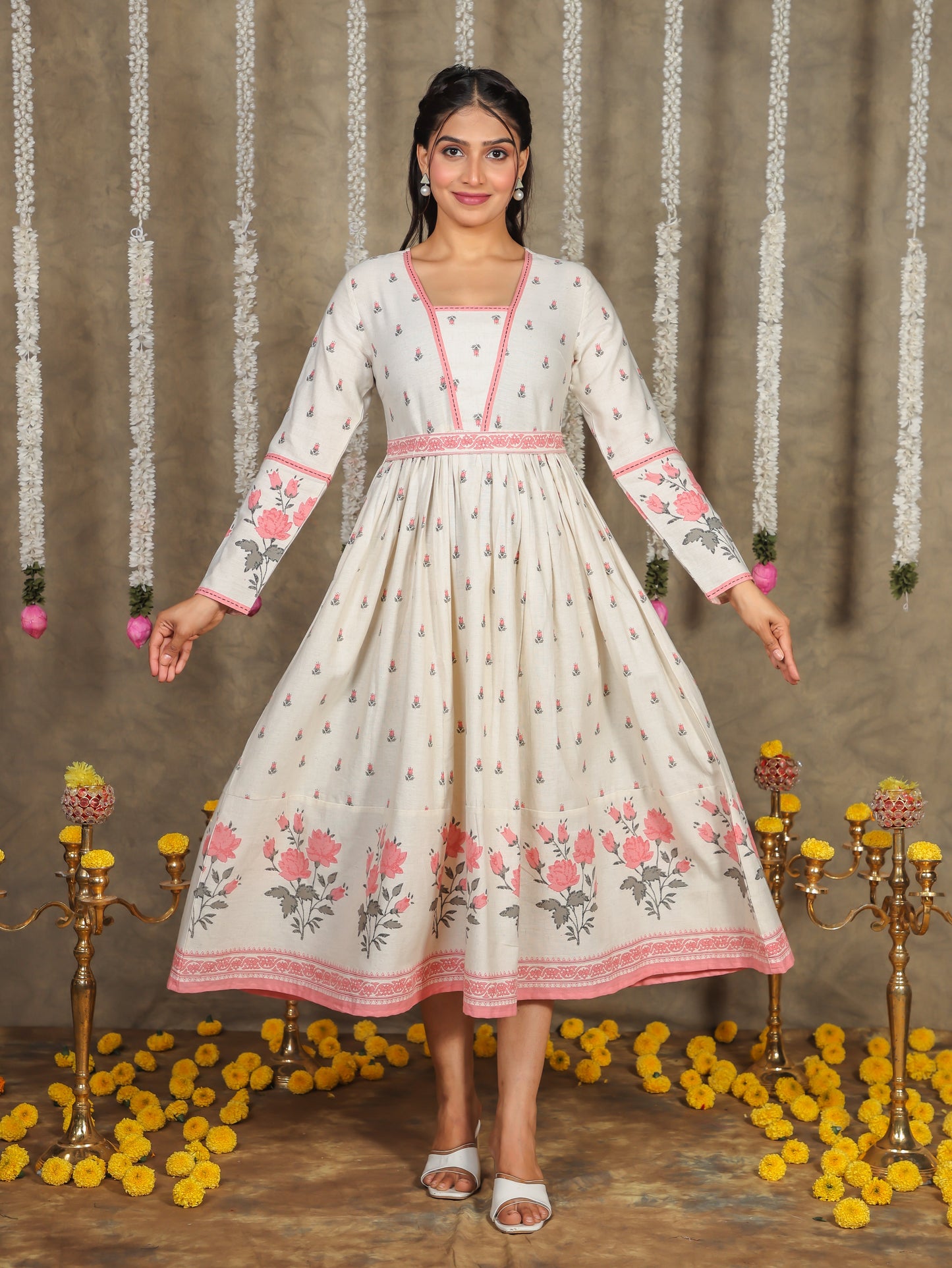 Embroidered Linen Cotton Floral Anarkali Off White Dress