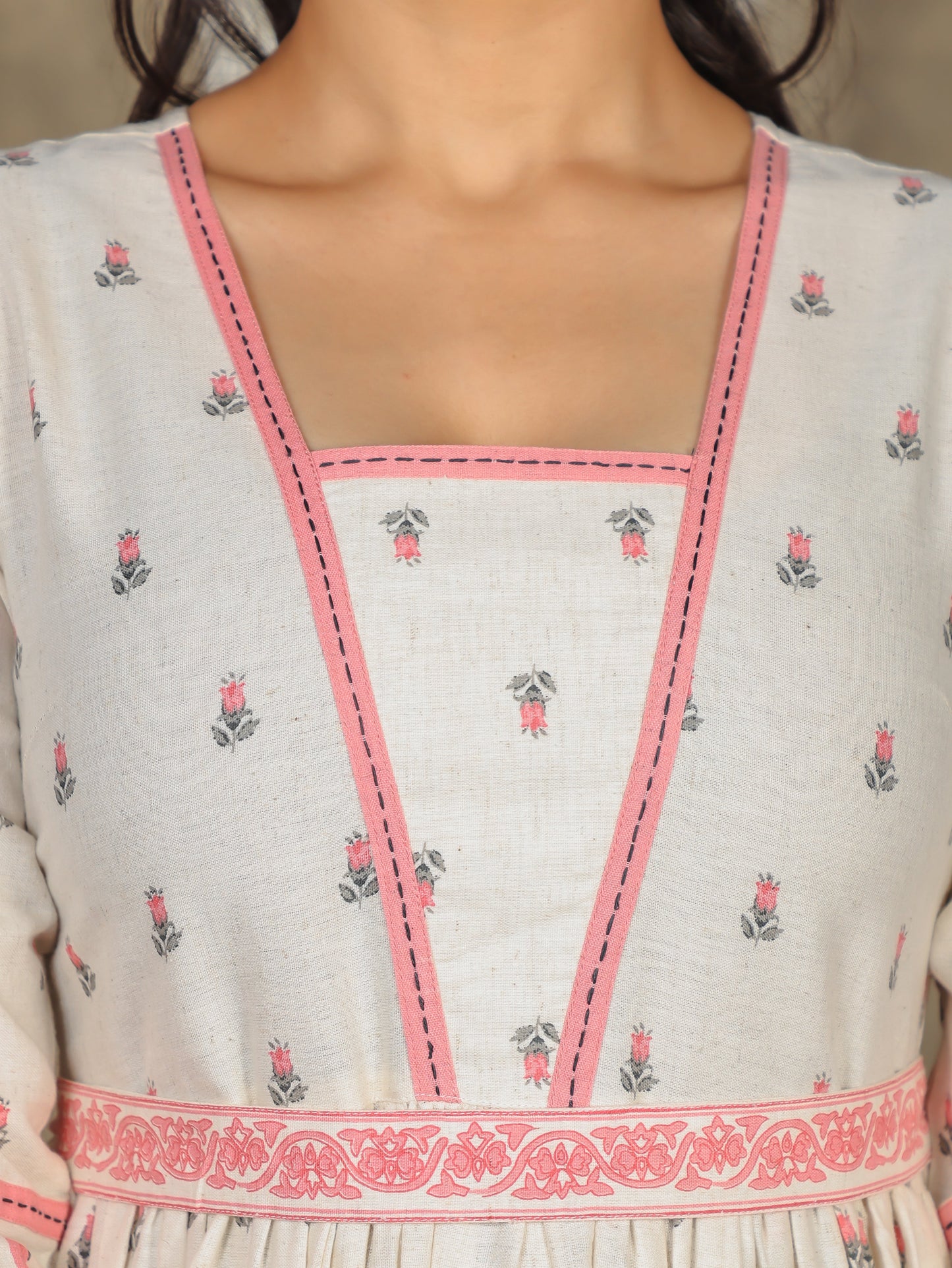 Embroidered Linen Cotton Floral Anarkali Off White Dress