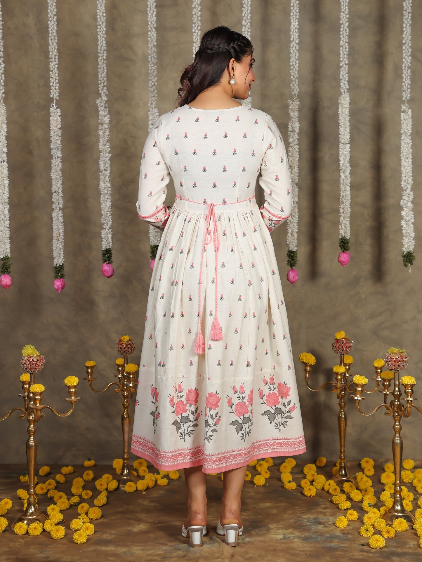 Embroidered Linen Cotton Floral Anarkali Off White Dress