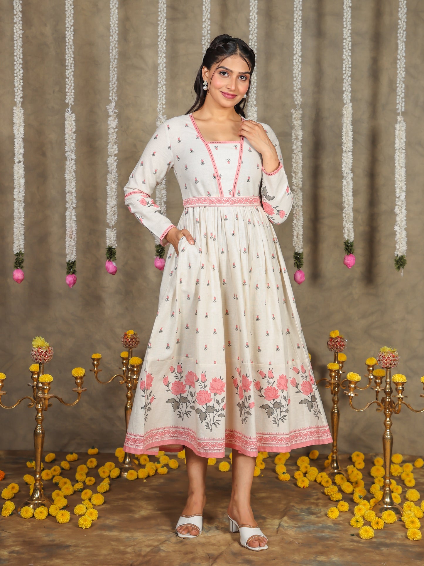 Embroidered Linen Cotton Floral Anarkali Off White Dress