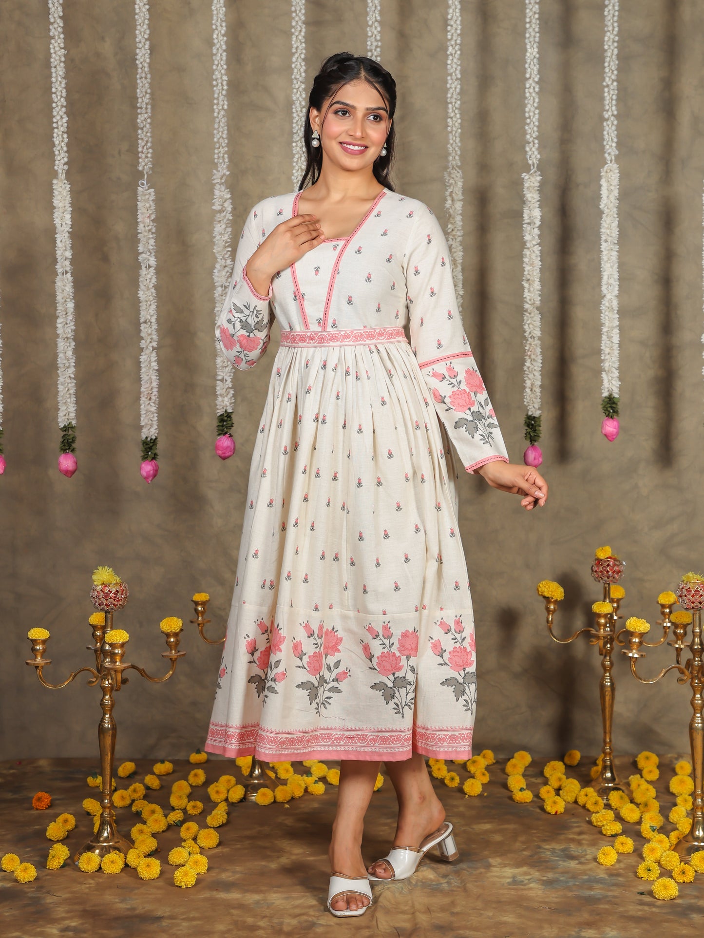 Embroidered Linen Cotton Floral Anarkali Off White Dress
