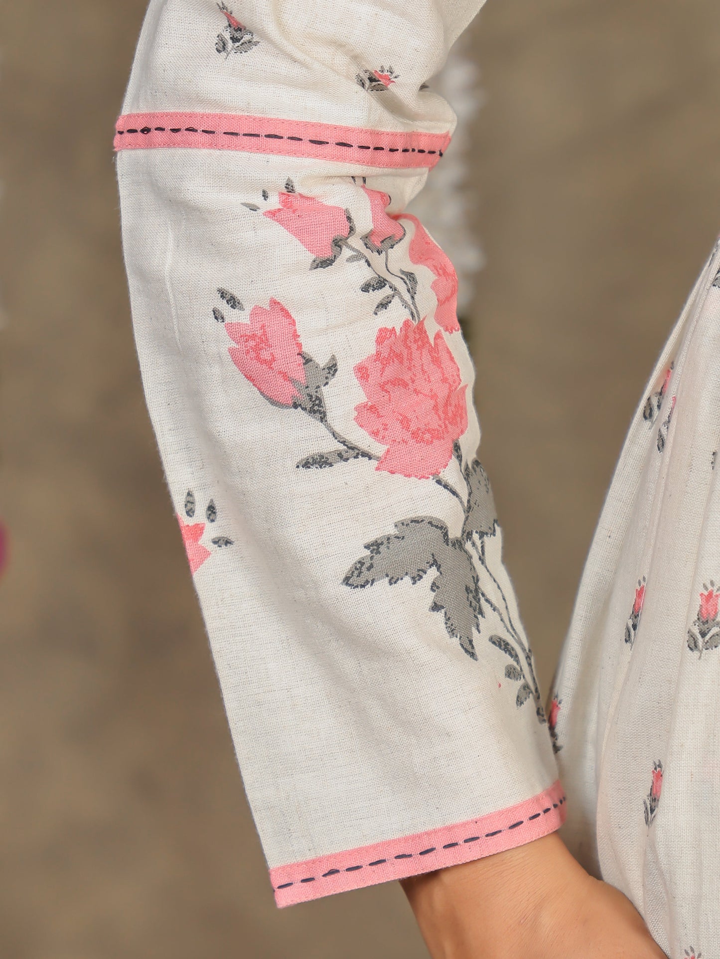 Embroidered Linen Cotton Floral Anarkali Off White Dress