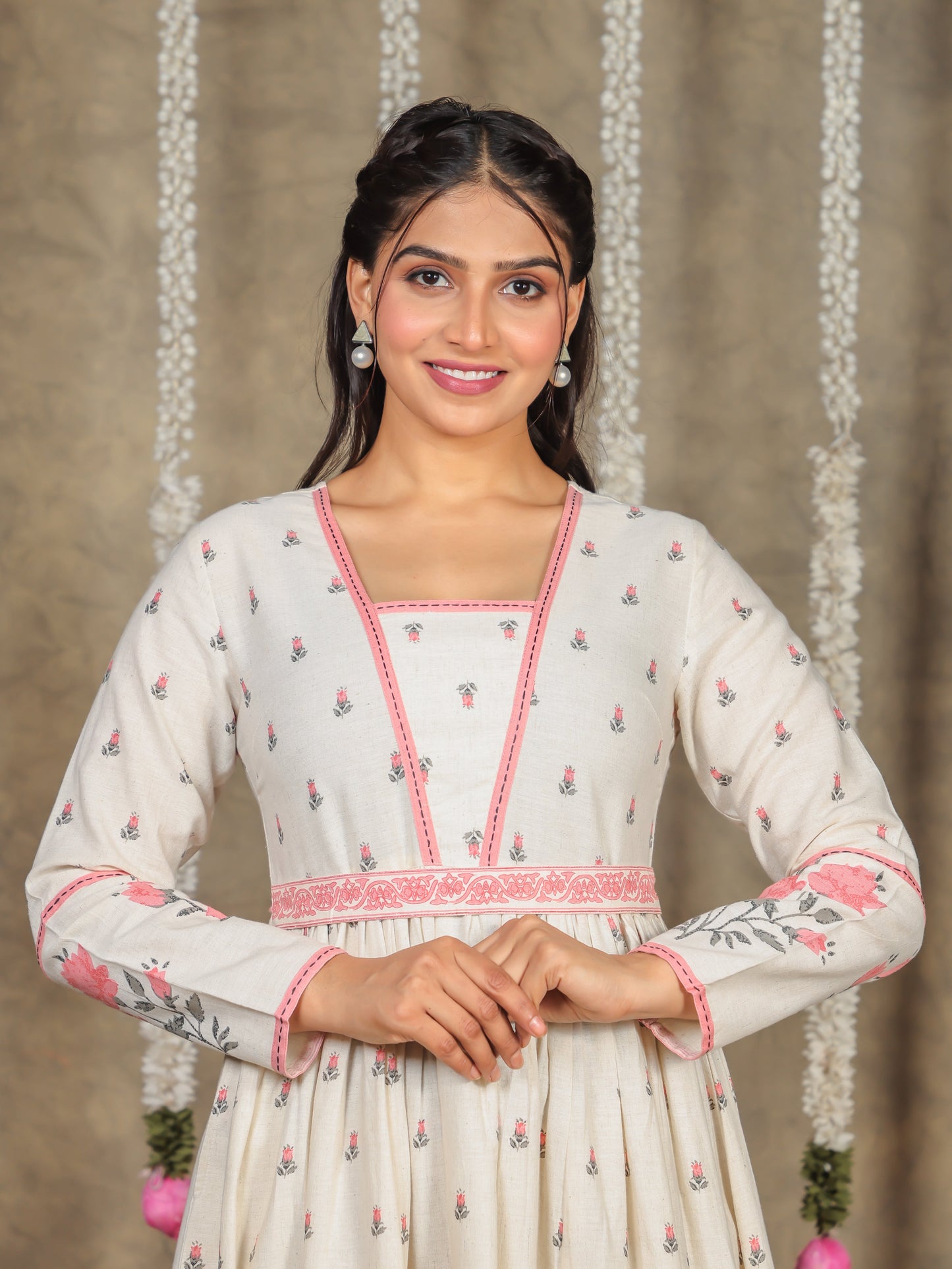 Embroidered Linen Cotton Floral Anarkali Off White Dress