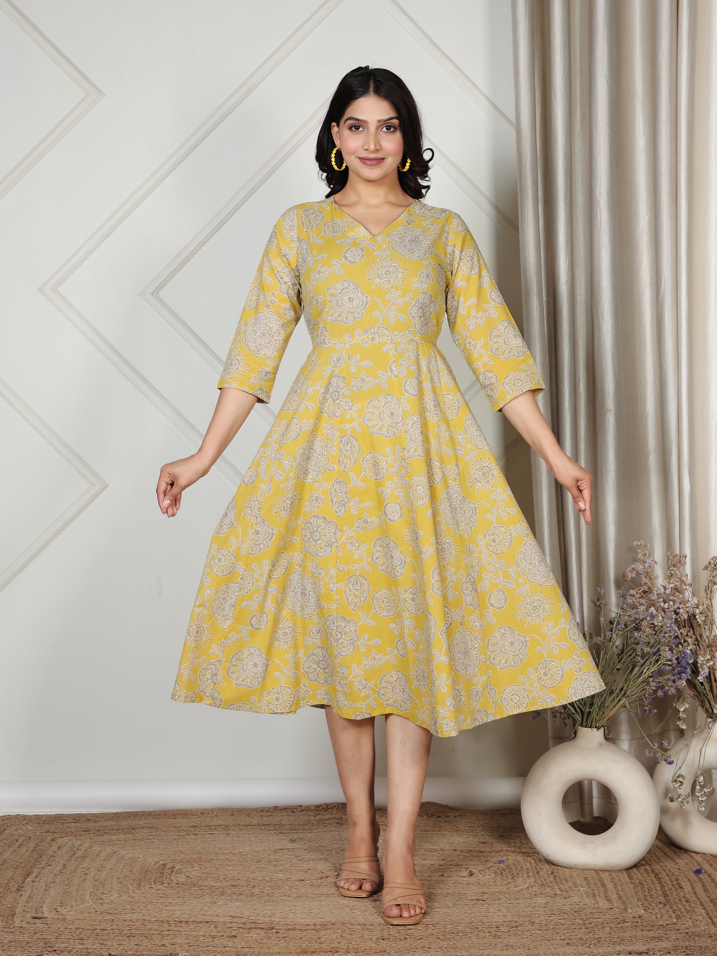Soft Cotton Floral Angrakha Yellow Dress