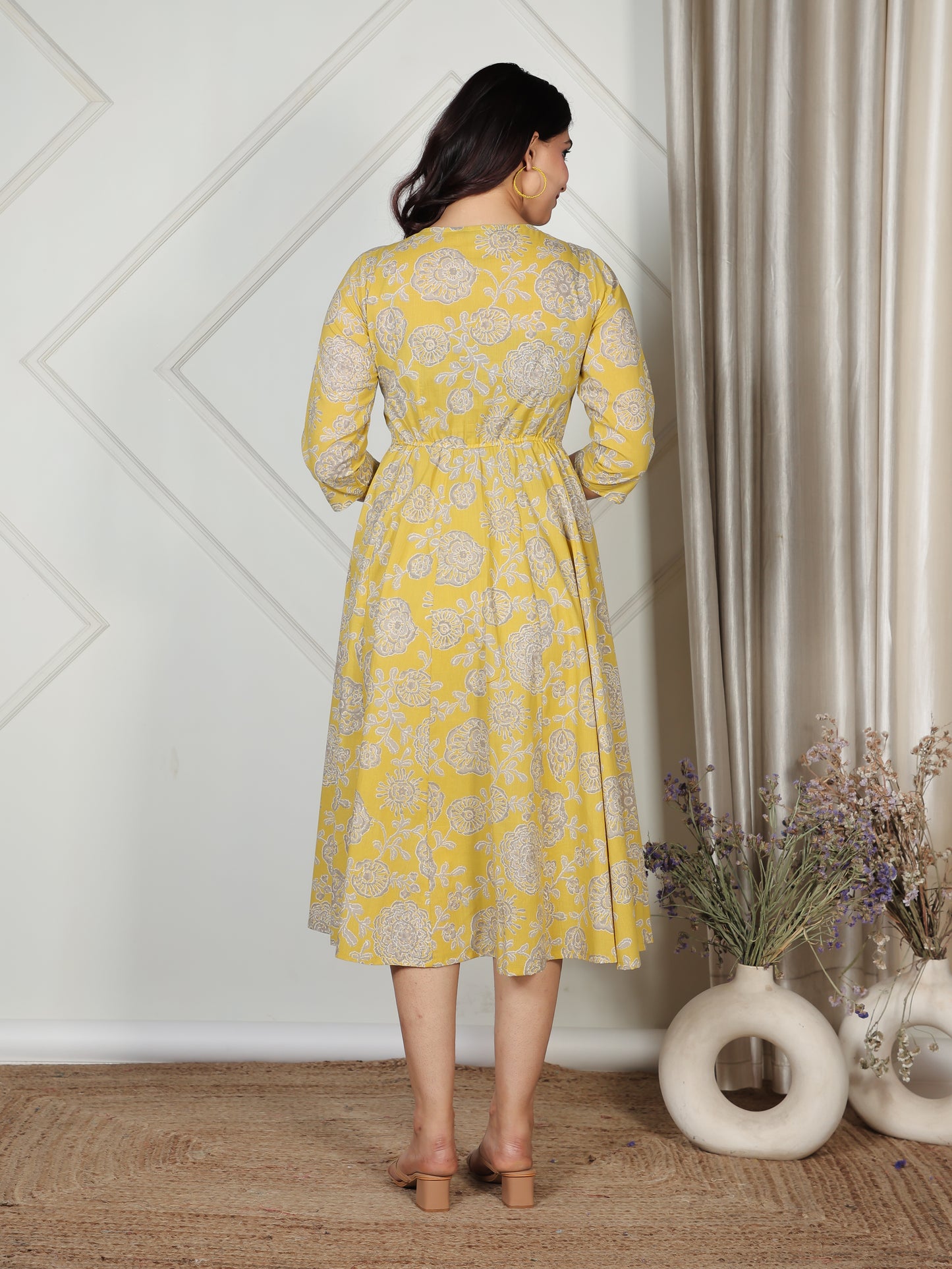 Soft Cotton Floral Angrakha Yellow Dress