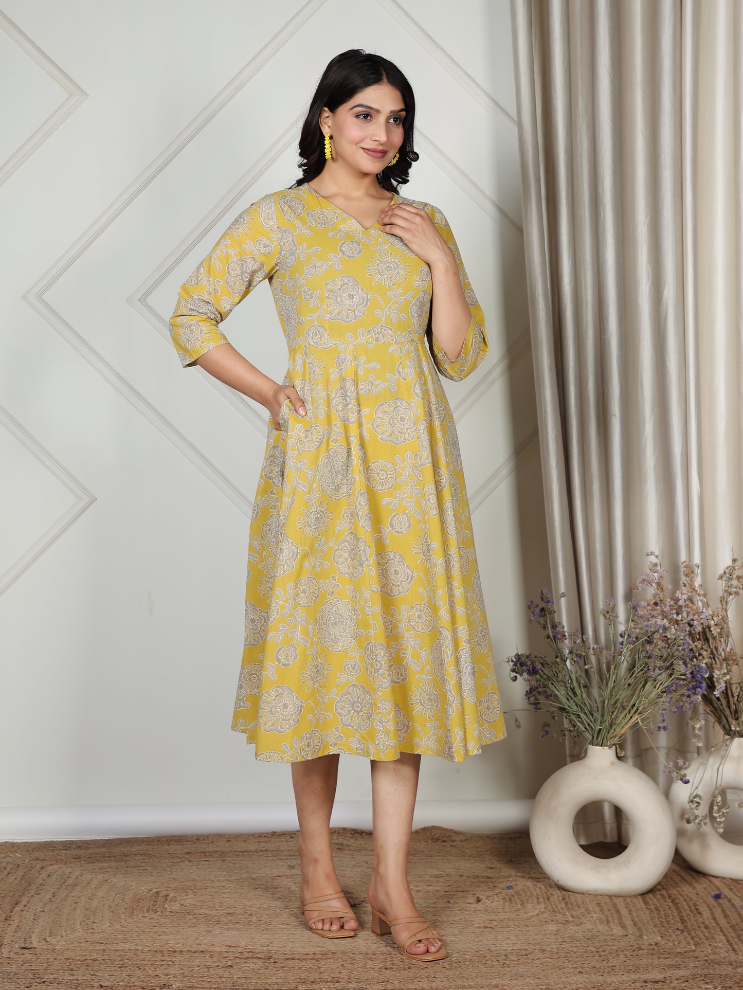 Soft Cotton Floral Angrakha Yellow Dress