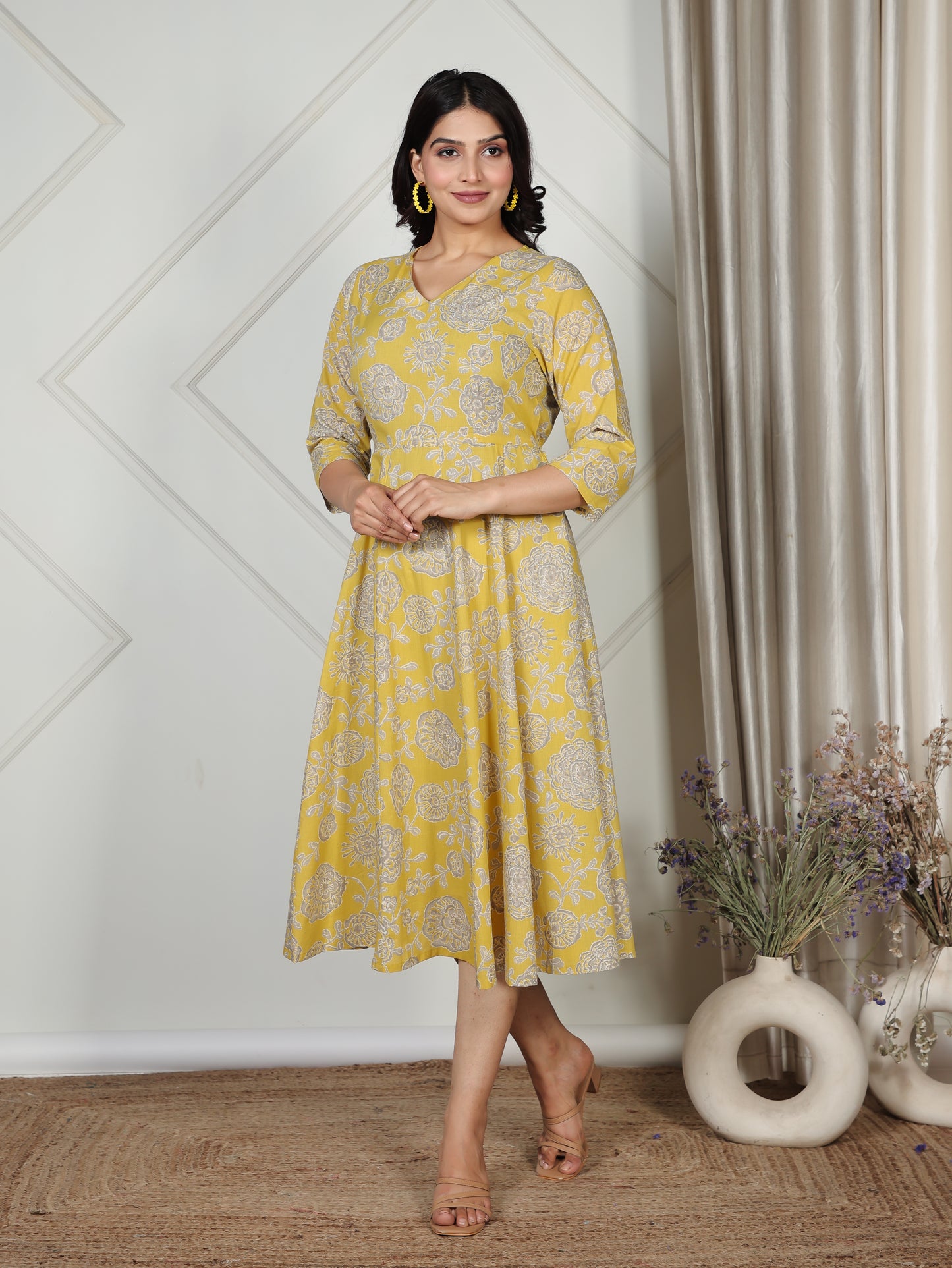 Soft Cotton Floral Angrakha Yellow Dress