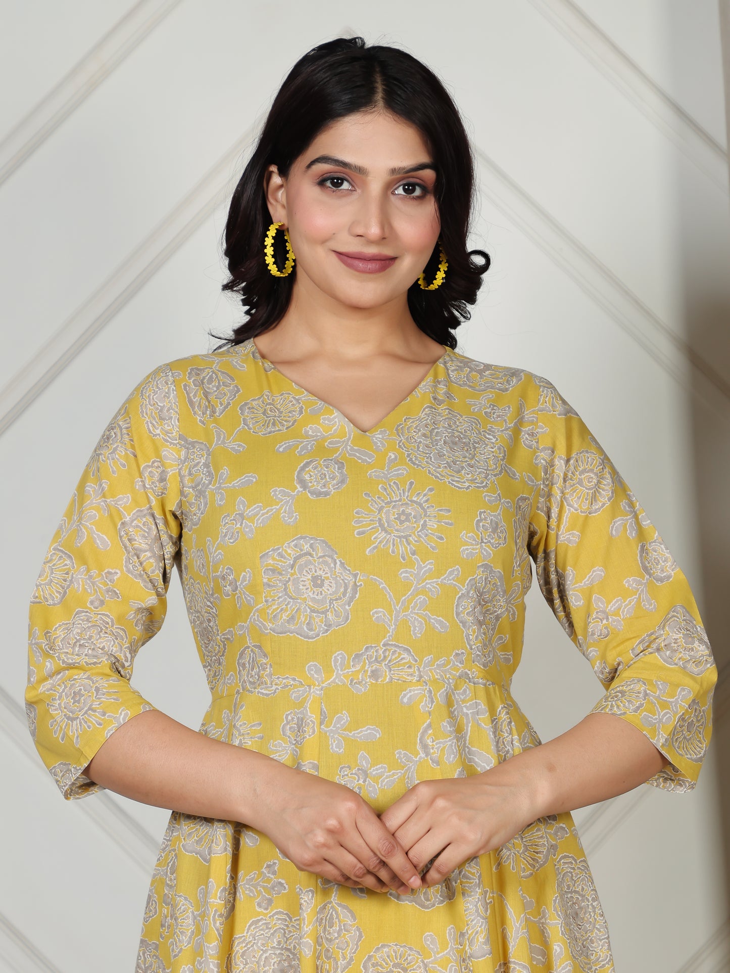 Soft Cotton Floral Angrakha Yellow Dress