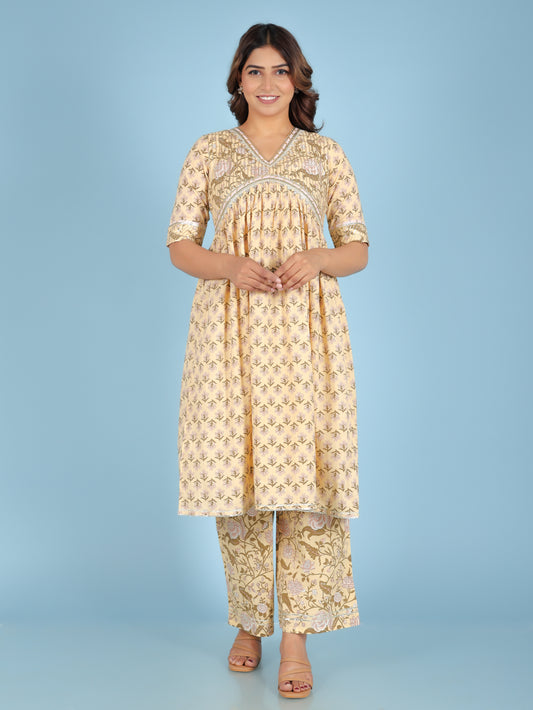 Soft Cotton Floral Anarkali Beige Kurta