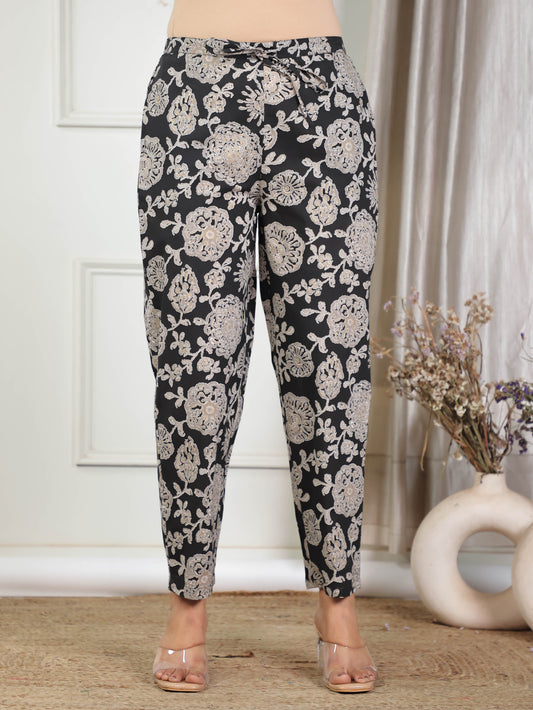 Soft Cotton Floral Black Trousers  Tapered Trousers