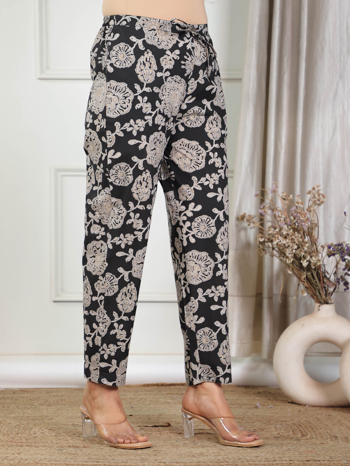 Soft Cotton Floral A-line Black Kurta