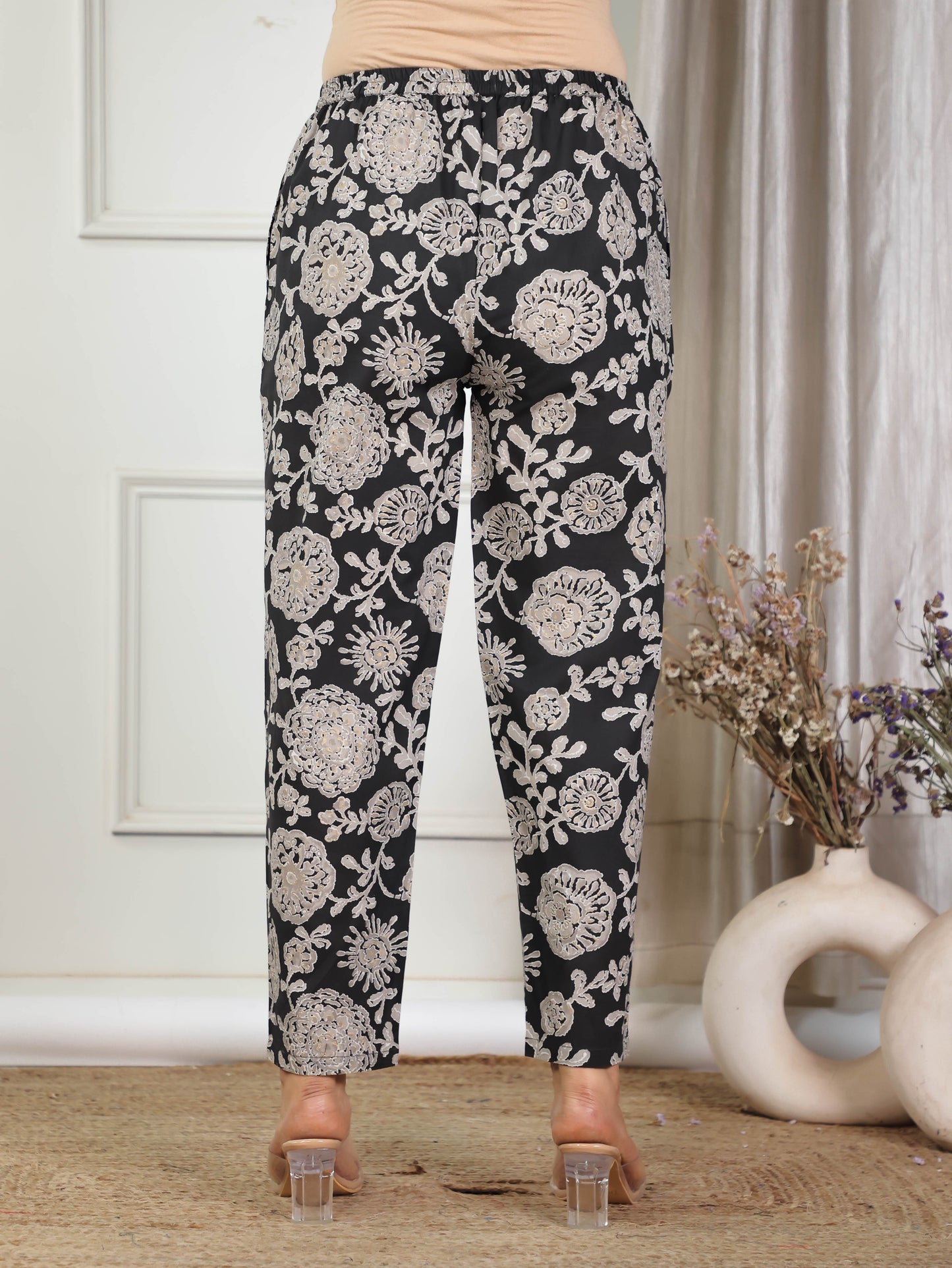 Soft Cotton Floral A-line Black Kurta