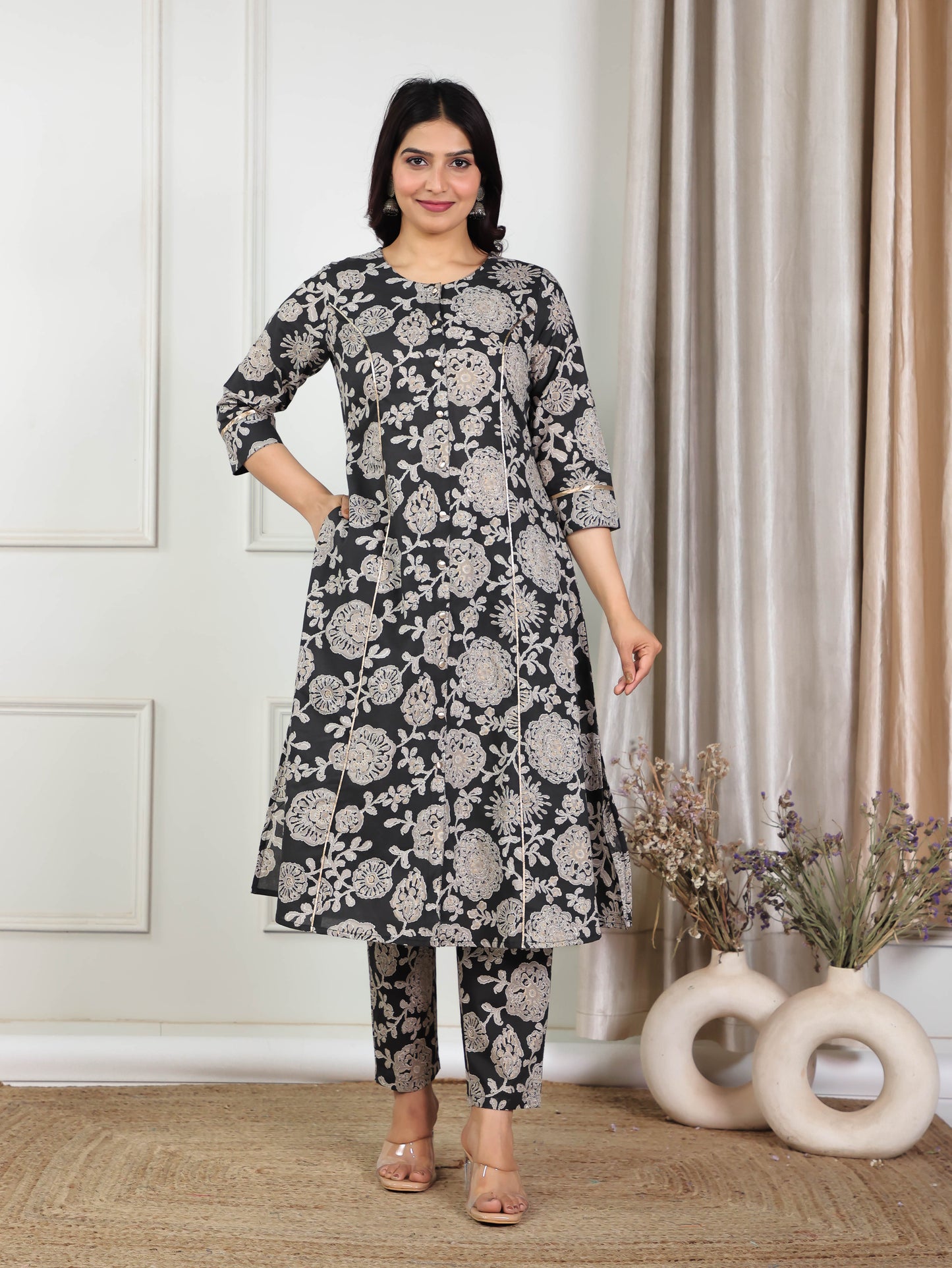 Soft Cotton Floral A-line Black Kurta