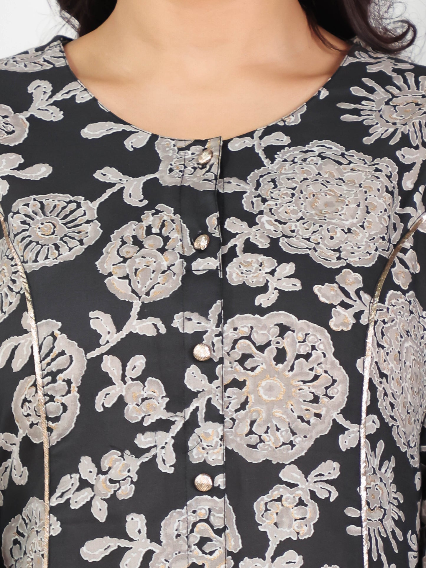 Soft Cotton Floral A-line Black Kurta