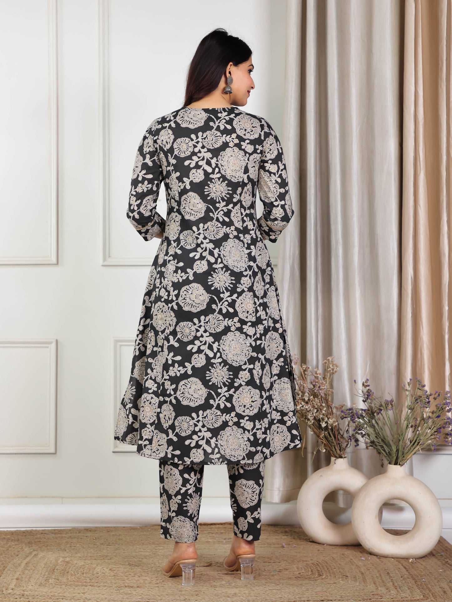 Soft Cotton Floral A-line Black Kurta