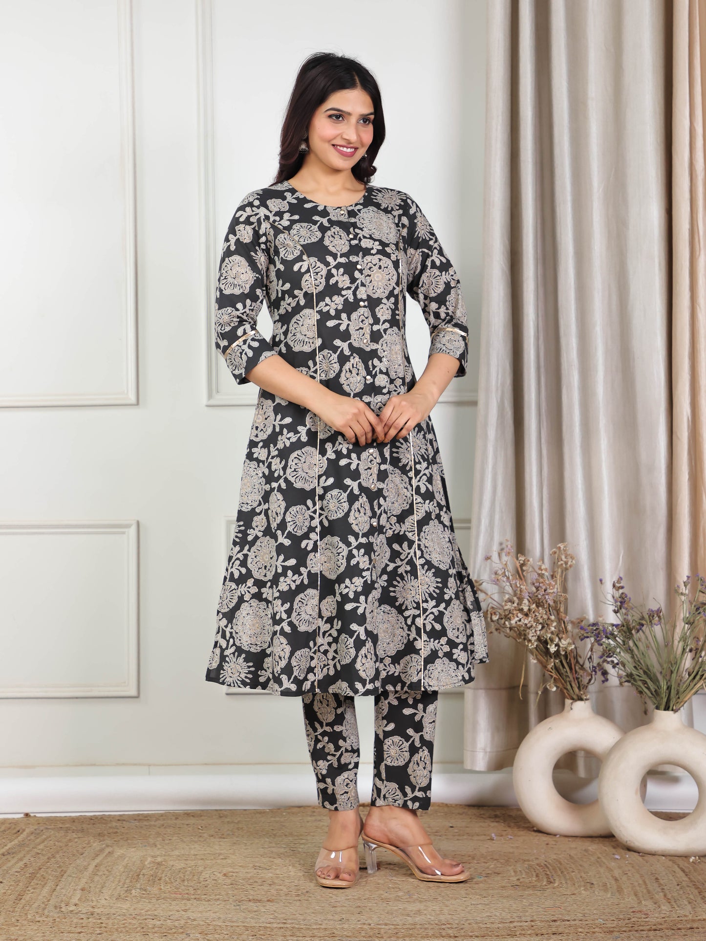 Soft Cotton Floral A-line Black Kurta