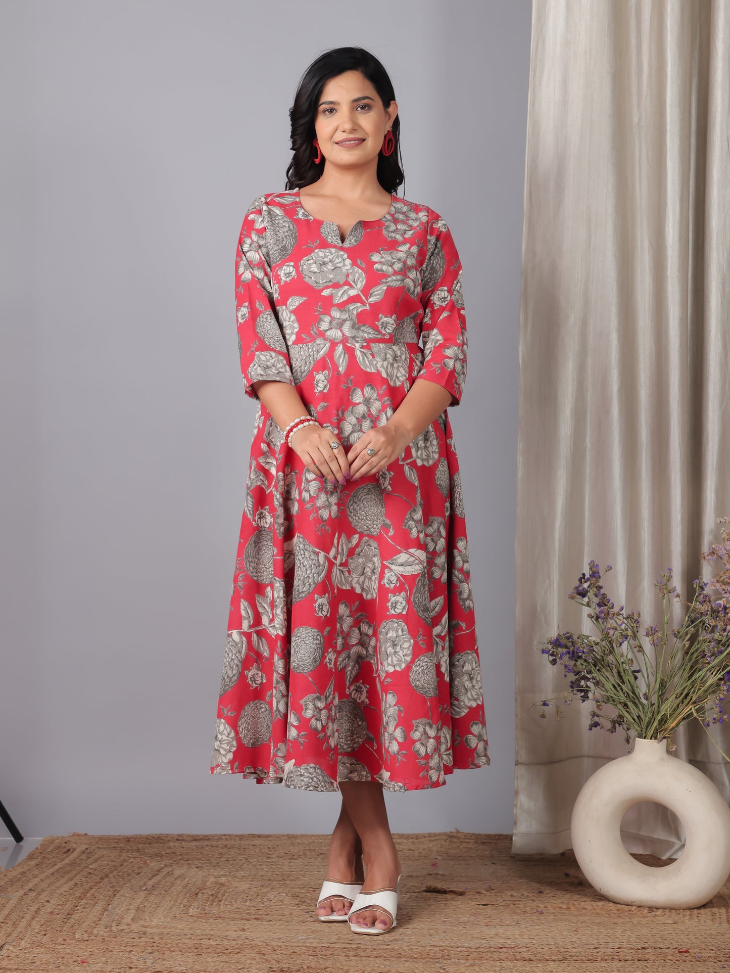 Linen Cotton Floral Anarkali Red Dress