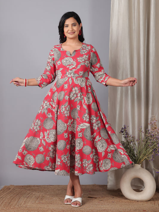 Linen Cotton Floral Anarkali Red Dress