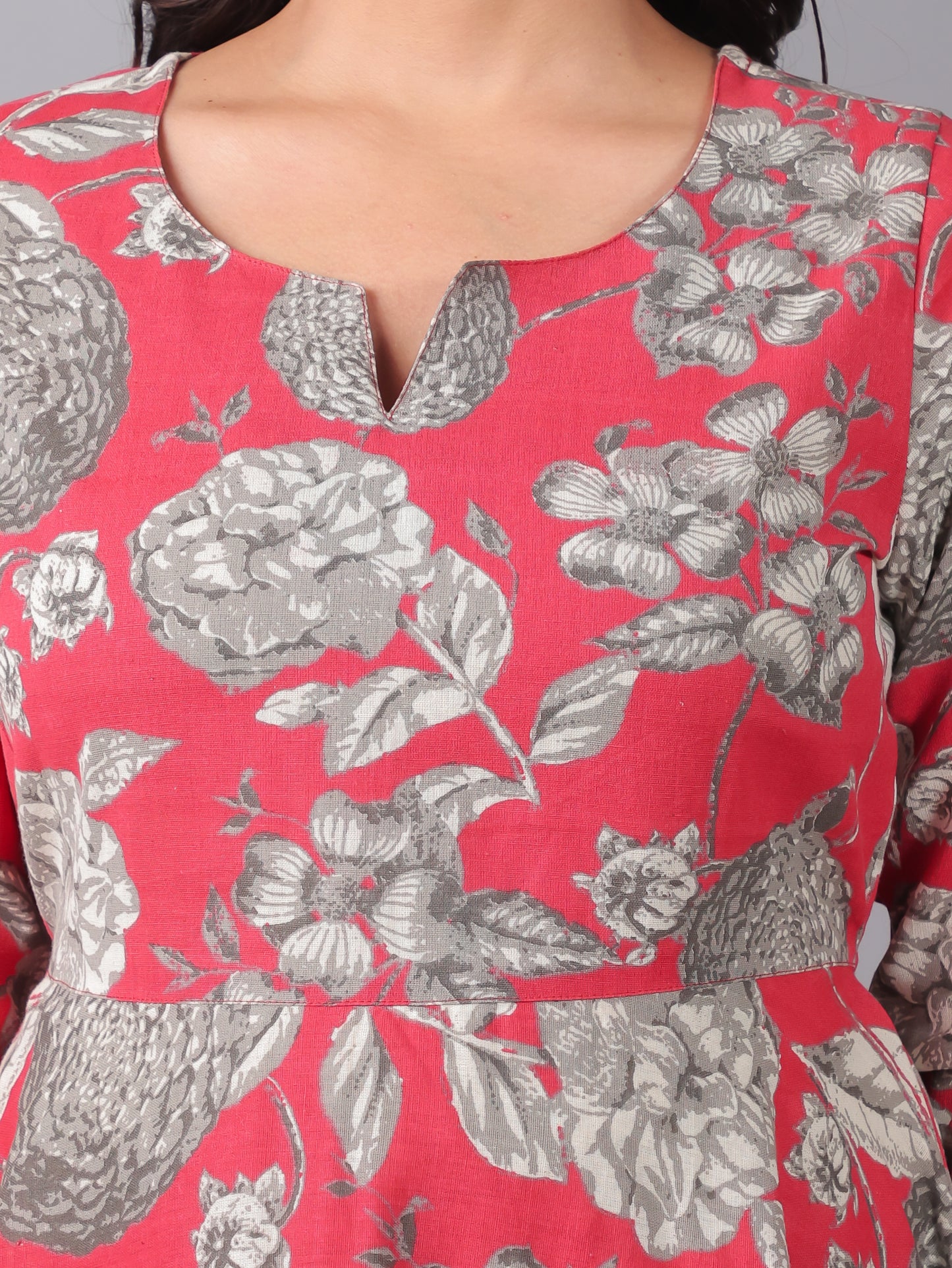 Linen Cotton Floral Anarkali Red Dress