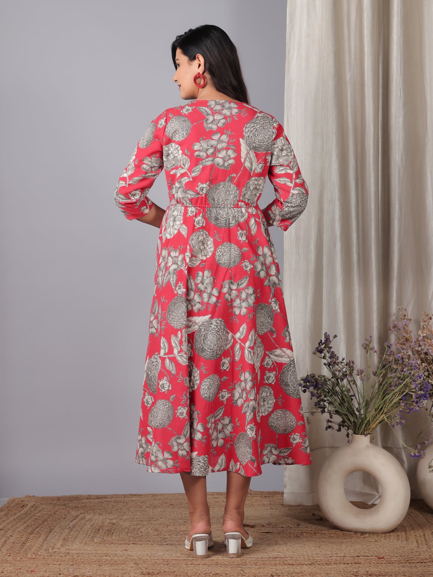 Linen Cotton Floral Anarkali Red Dress