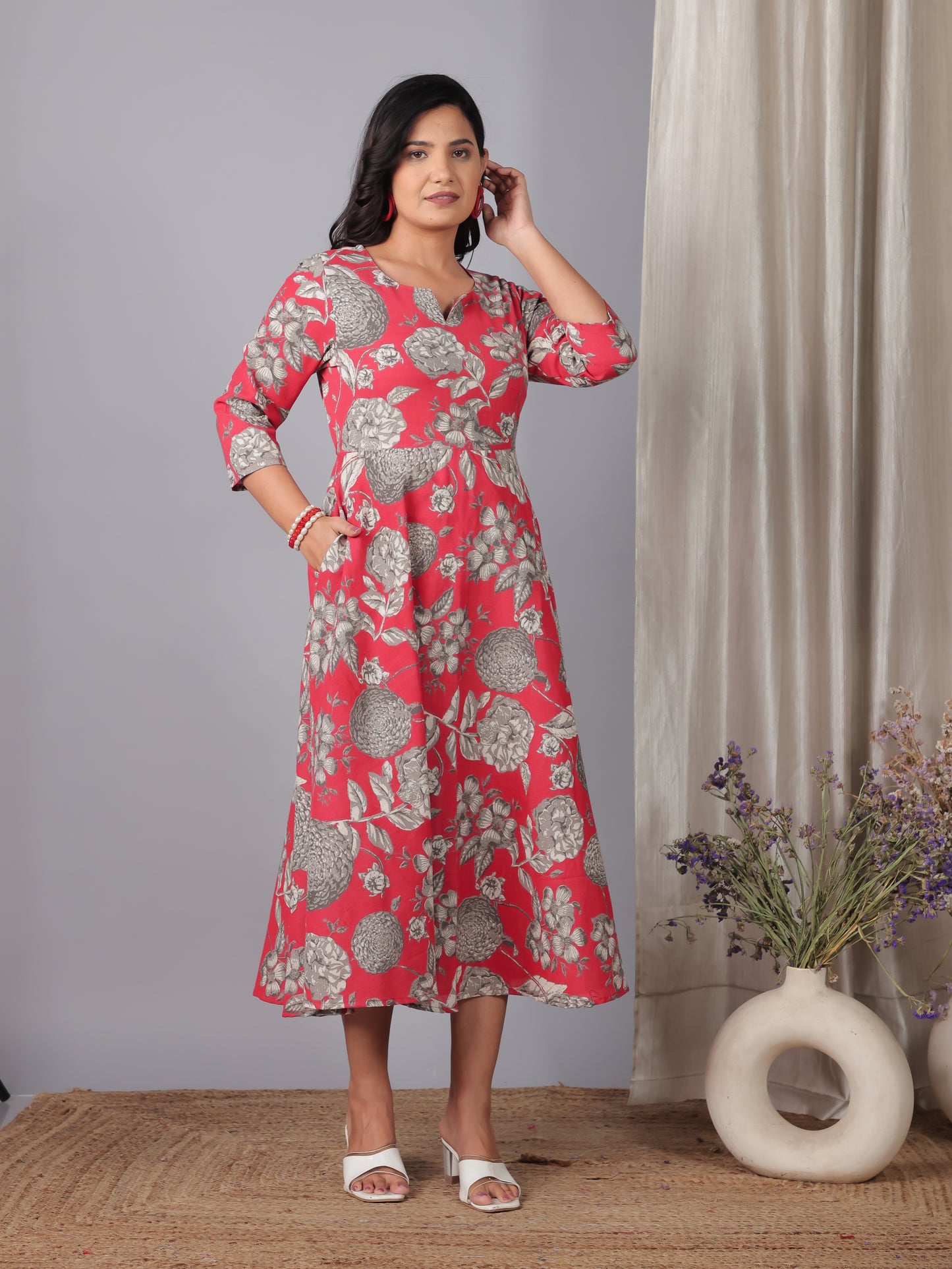 Linen Cotton Floral Anarkali Red Dress