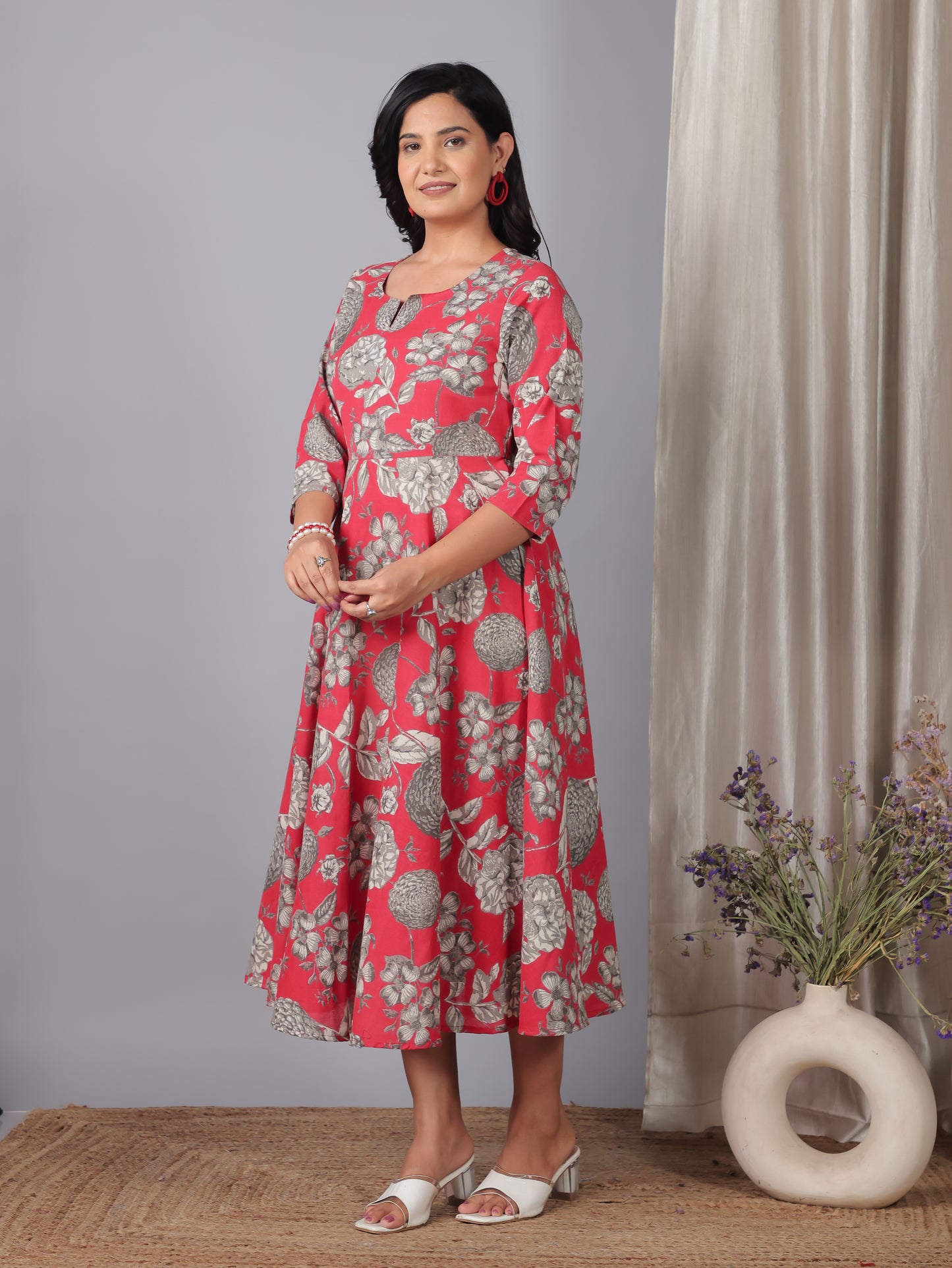 Linen Cotton Floral Anarkali Red Dress