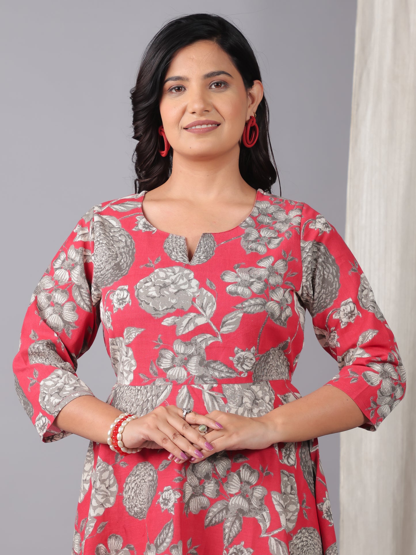 Linen Cotton Floral Anarkali Red Dress