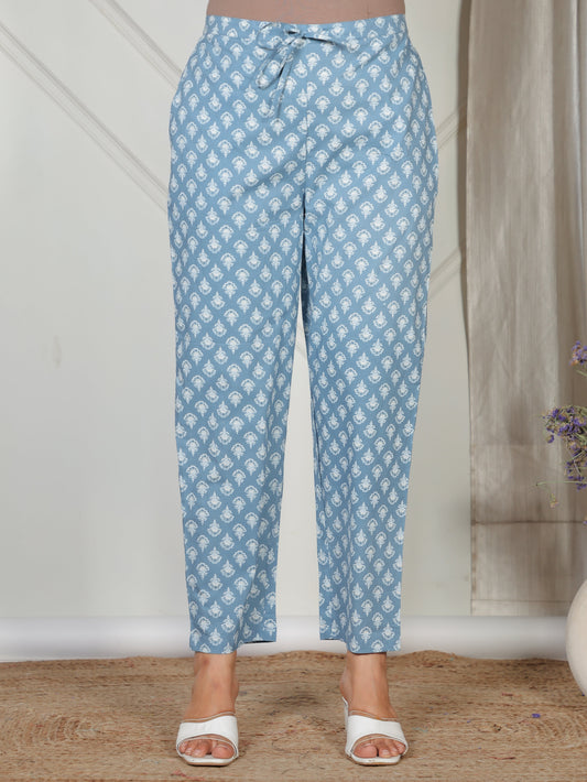 Soft Cotton Floral Blue Tapered Trousers