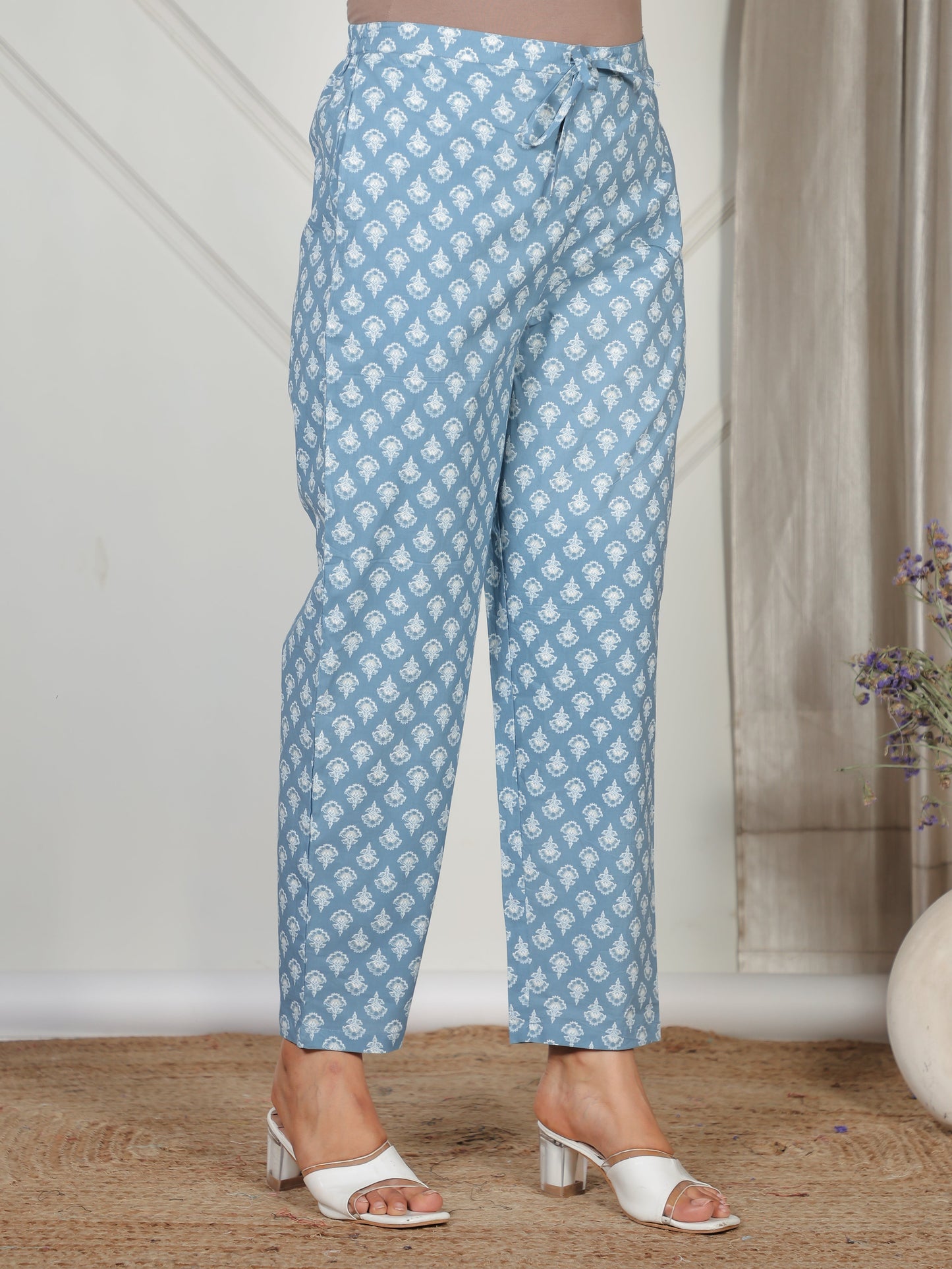 Soft Cotton Floral Blue Tapered Trousers