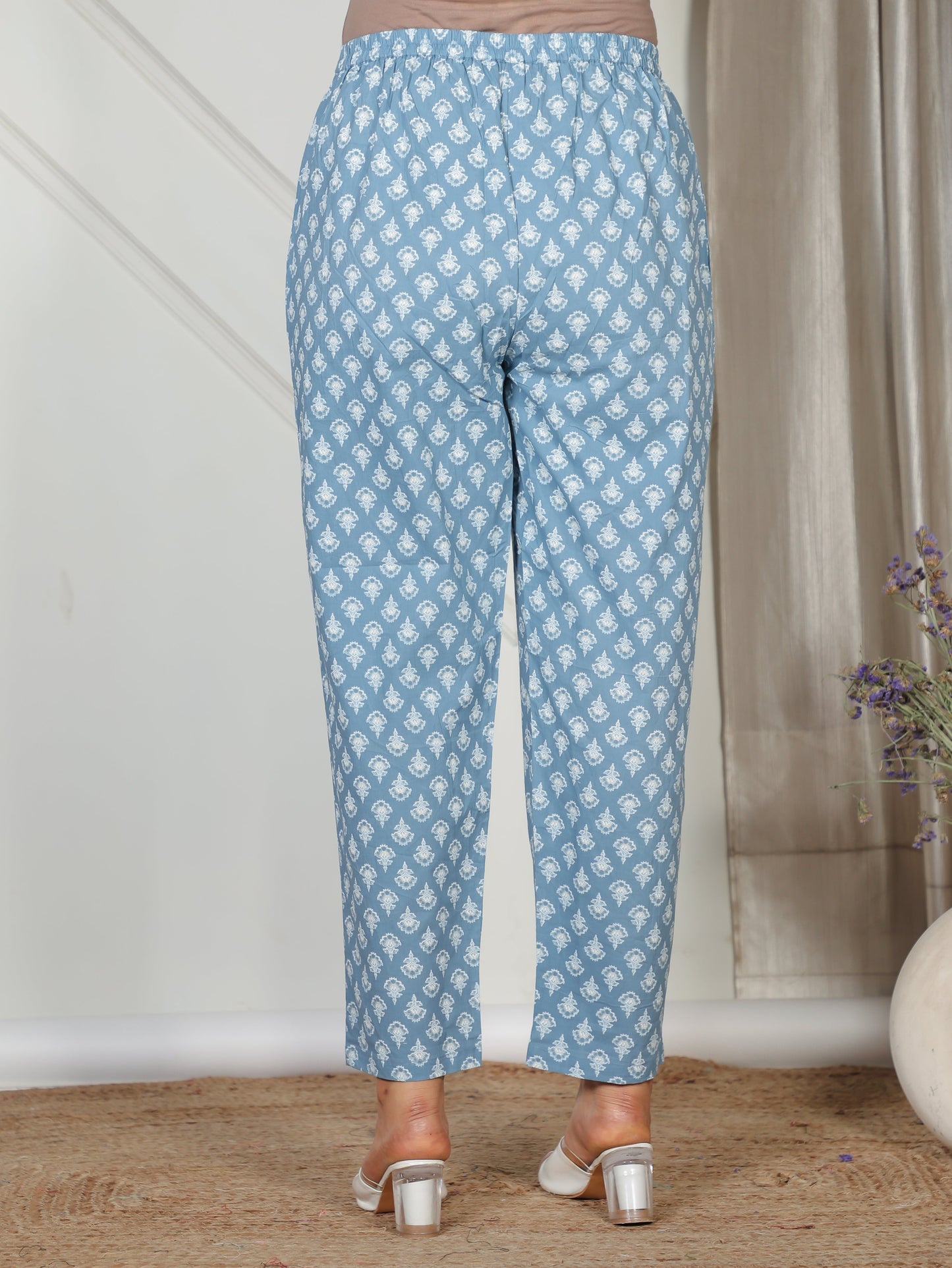 Soft Cotton Floral Blue Tapered Trousers