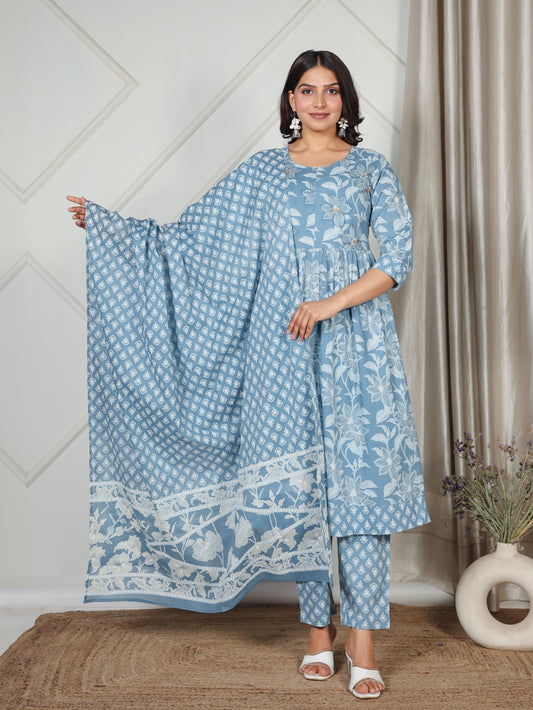 Cotton Voile Floral Blue Dupatta