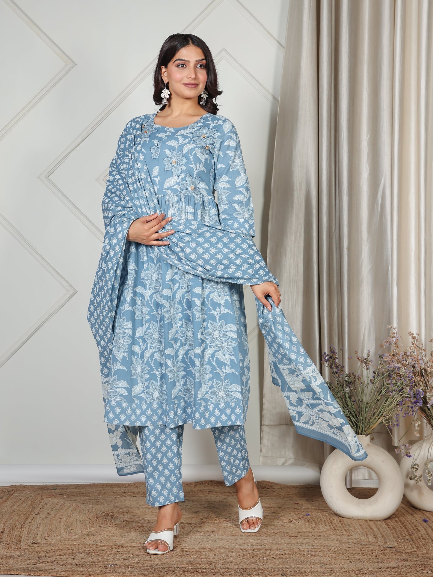 Cotton Voile Floral Blue Dupatta