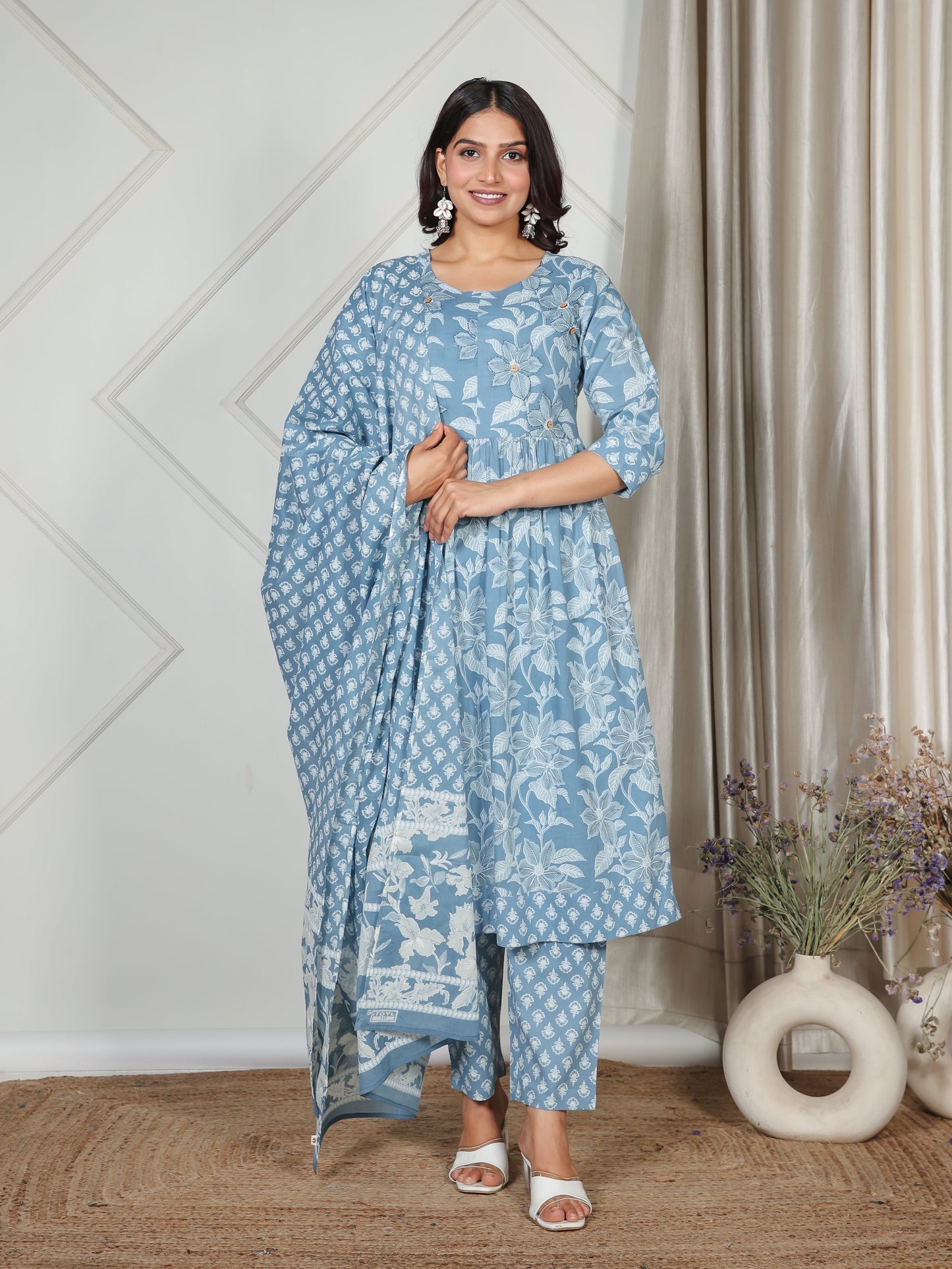 Cotton Voile Floral Blue Dupatta