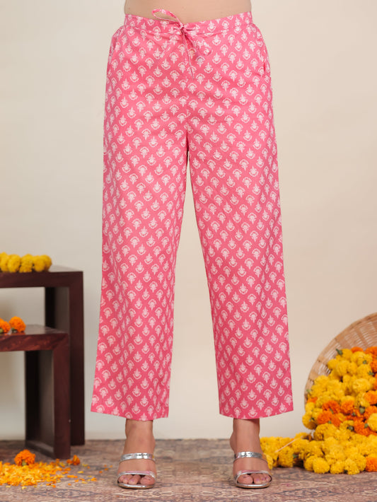 Soft Cotton Floral Peach Straight Trousers