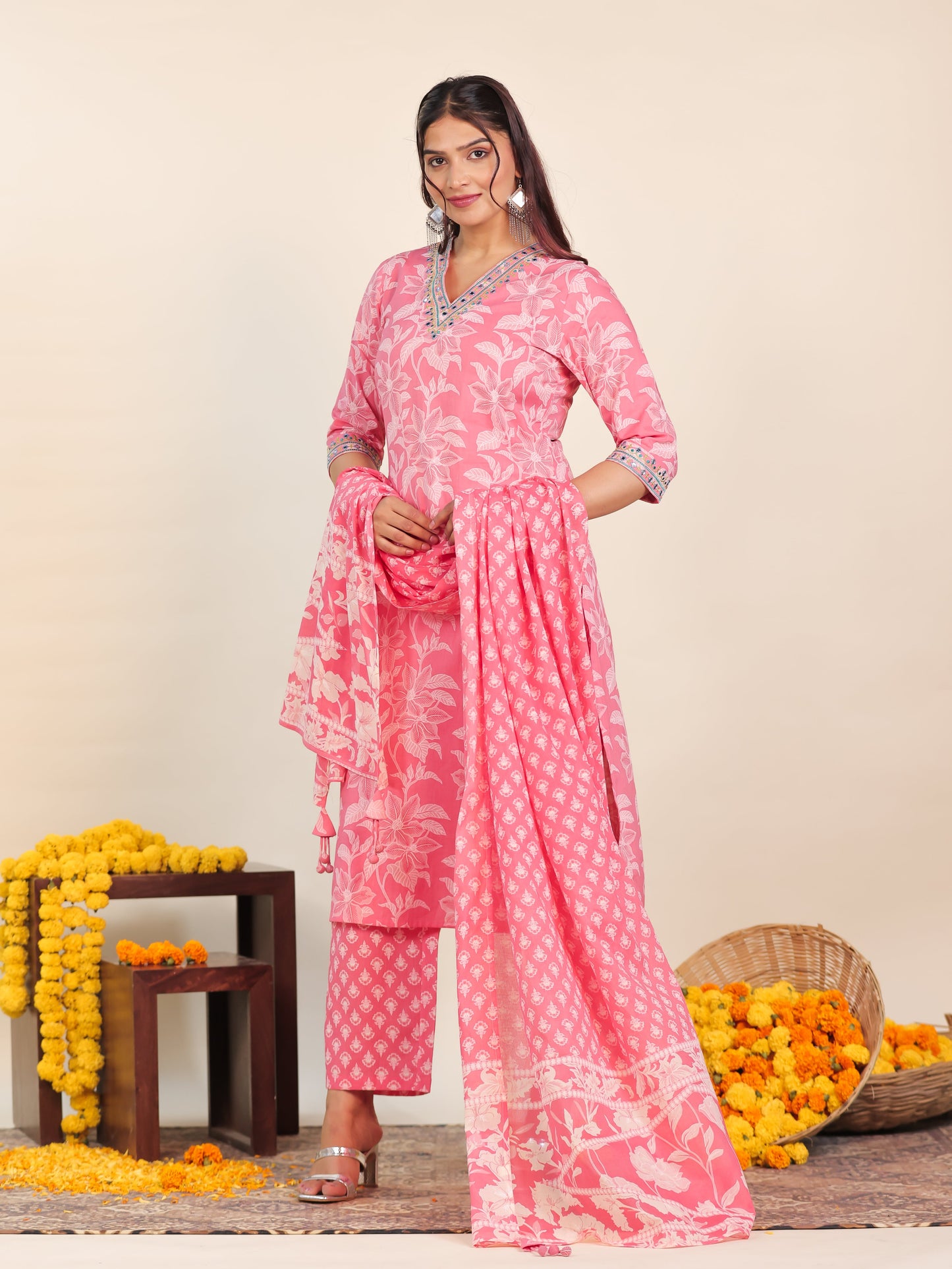 Cotton Voile Floral Peach Dupatta
